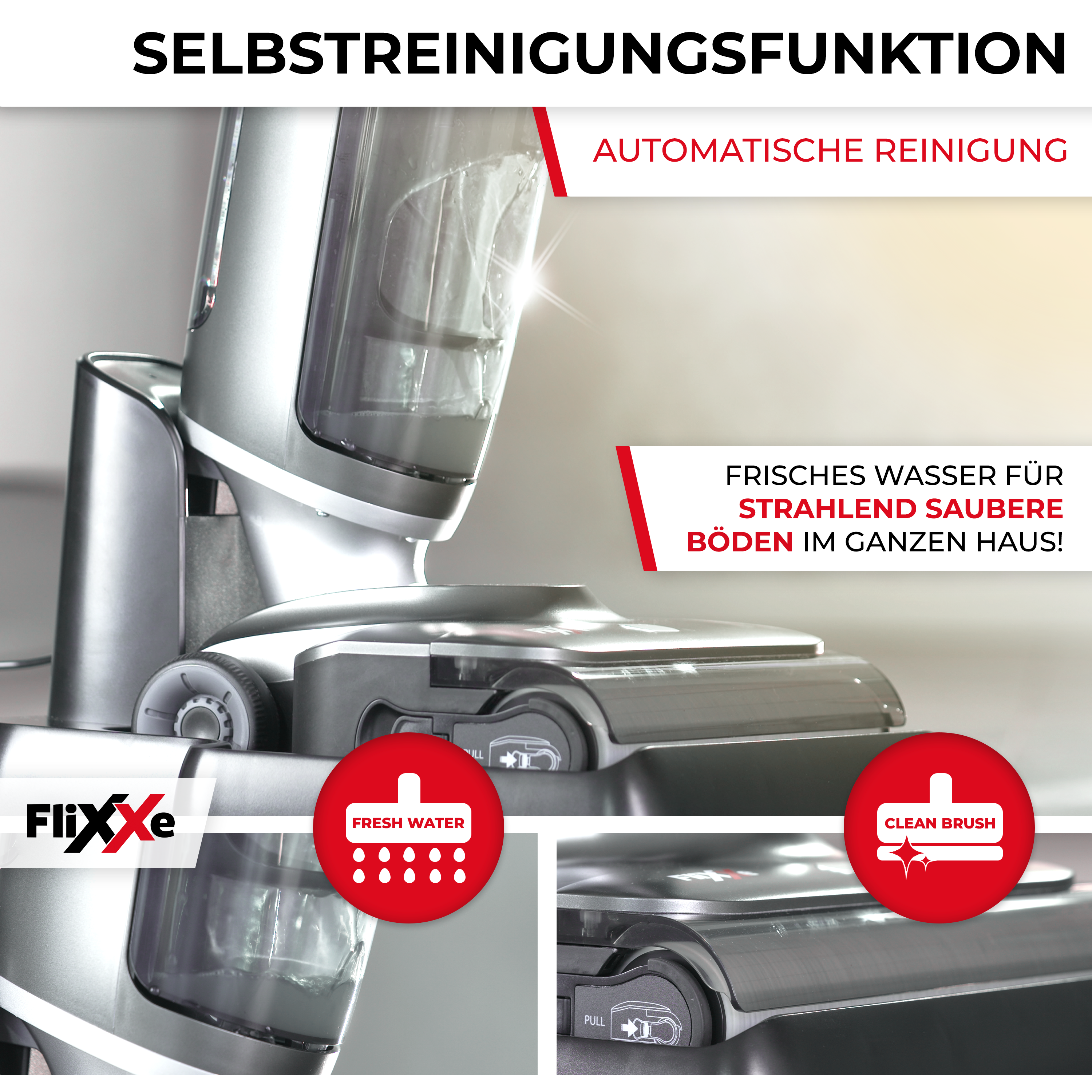 Eine silberne Reinigungsmaschine mit roten Kreisen, die Merkmale anzeigen: Frischwasser und saubere Bürste. Text auf Deutsch.
