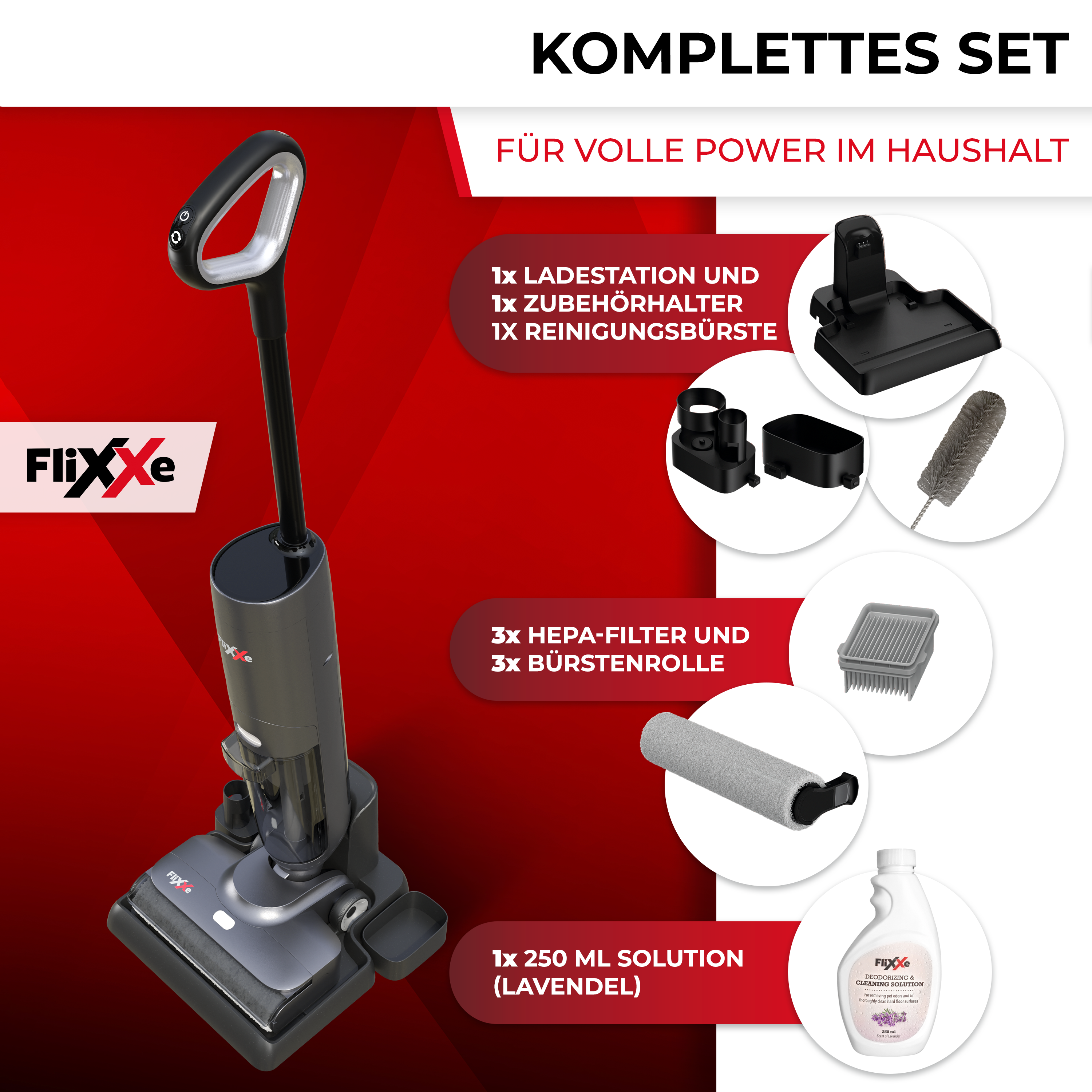 Ein Staubsauger-Set mit Zubehör. Enthält eine Ladestation, Bürste, Filter und Reinigungslösung. Die Marke ist FlixXe.