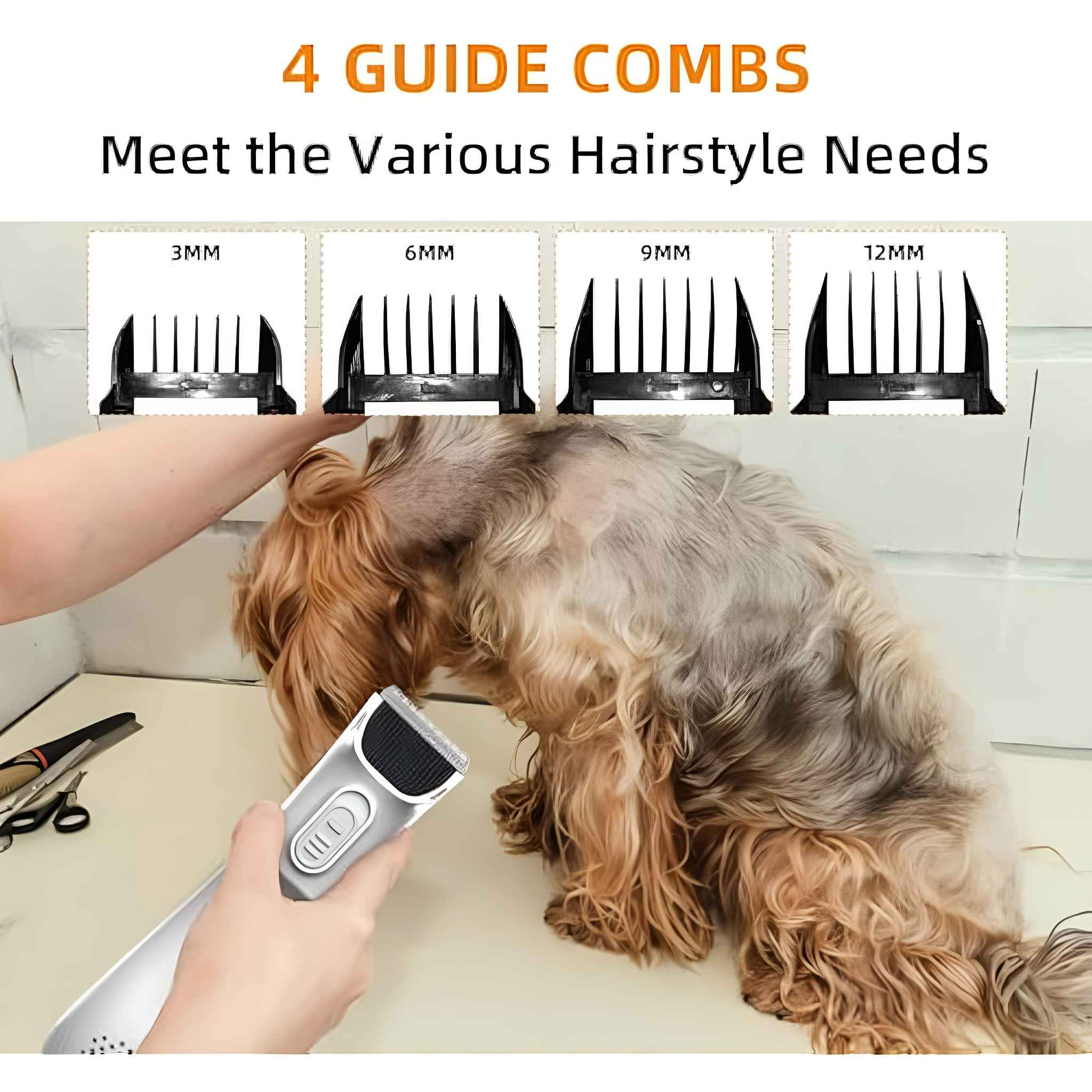 Ein Hund wird mit einem Haarschneider gepflegt. Vier Führungskämme sind oben abgebildet. Der Hintergrund ist ein Pflegetisch.