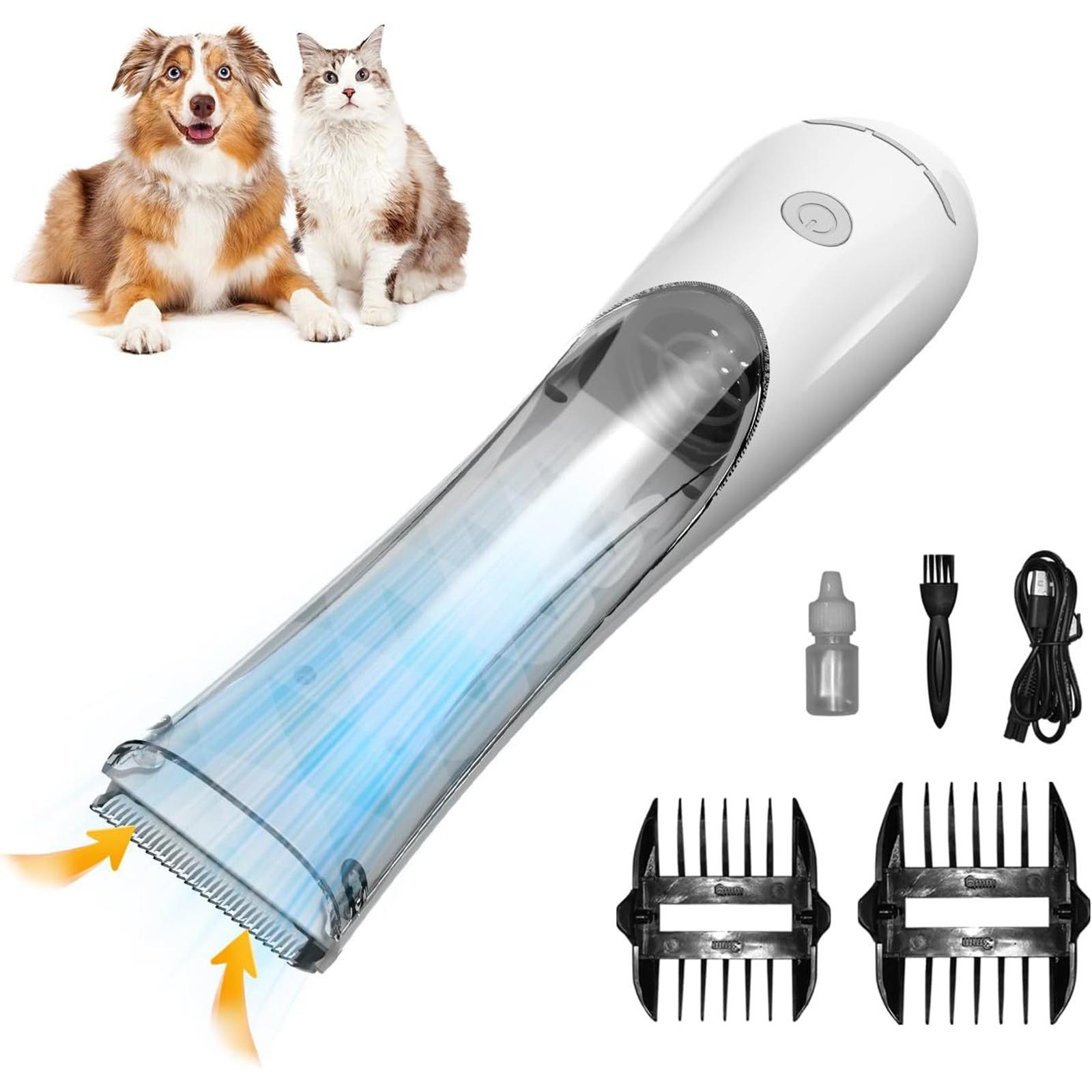 Ein Hund und eine Katze stehen neben einem Staubsauger und Zubehör zur Haustierpflege. Der Staubsauger ist weiß und klar. Das Zubehör ist schwarz und klar.