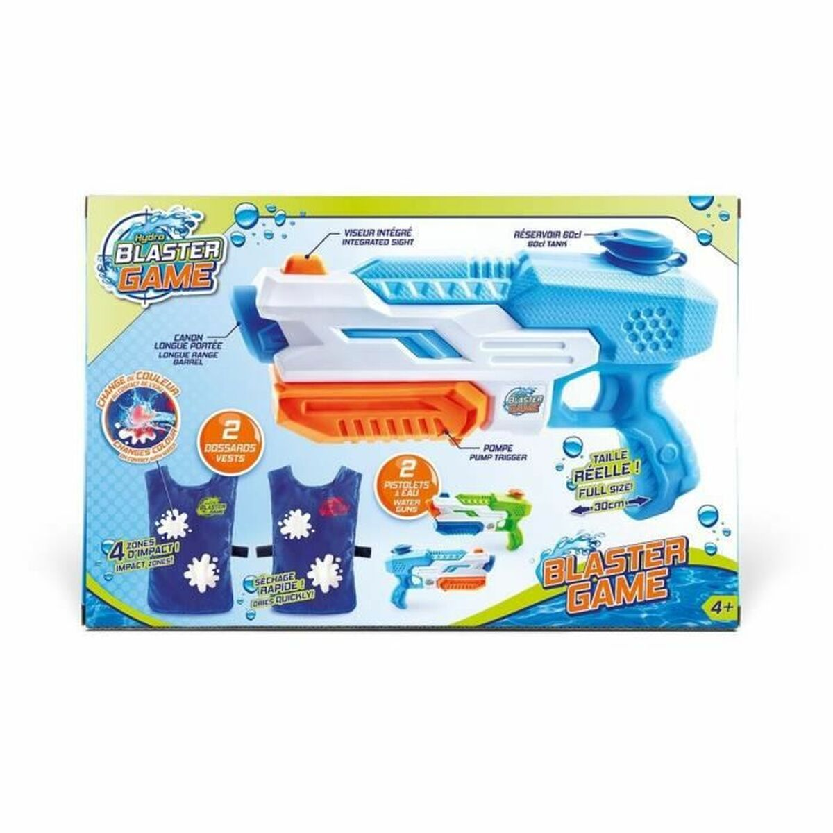 La scatola mostra una pistola ad acqua blu e bianca, due giubbotti e due pistole ad acqua. Il testo dice 'Blaster Game' e '4+'.