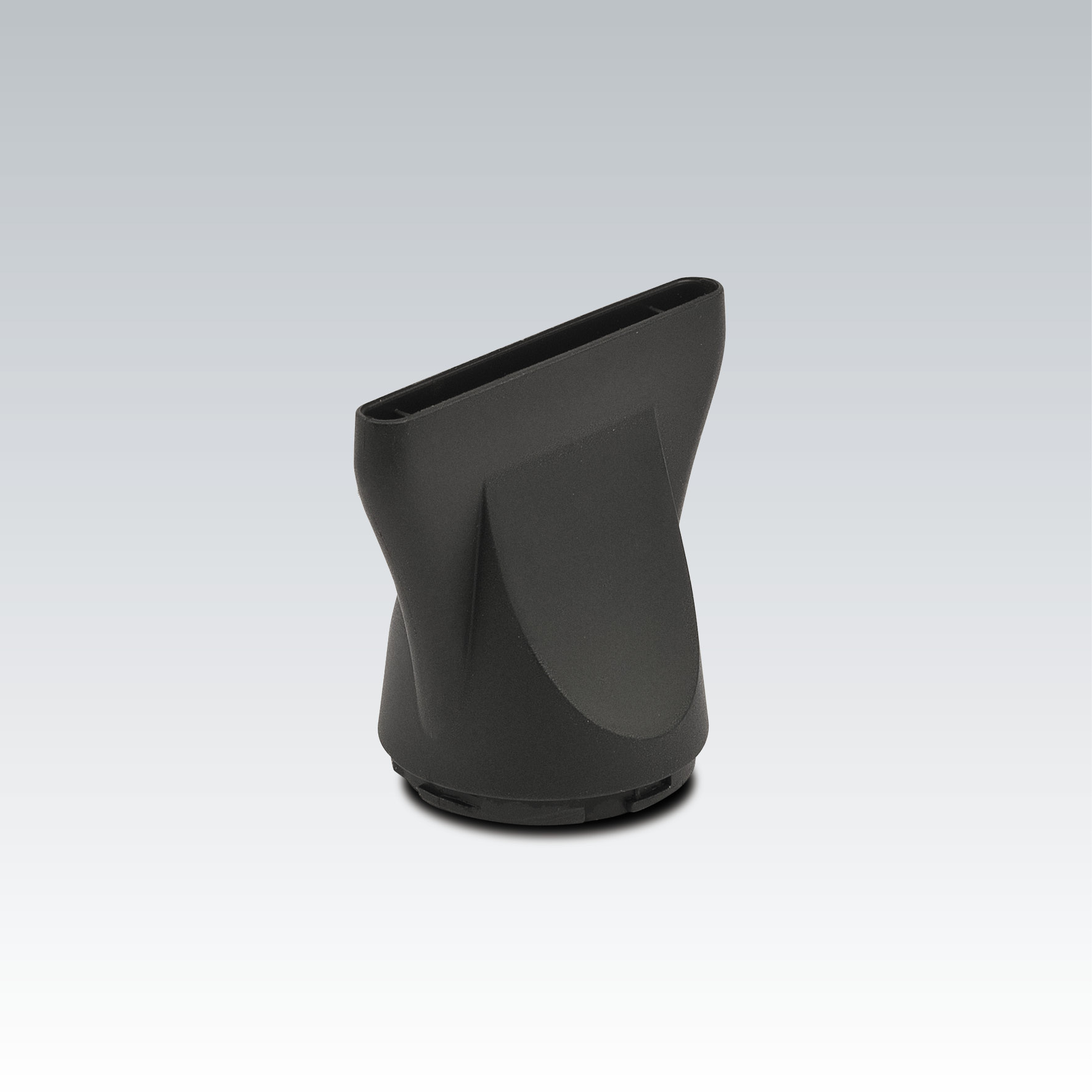 Czarna dysza suszarki do włosów na szarym tle. Dysza jest kątowa i ma unikalny design.