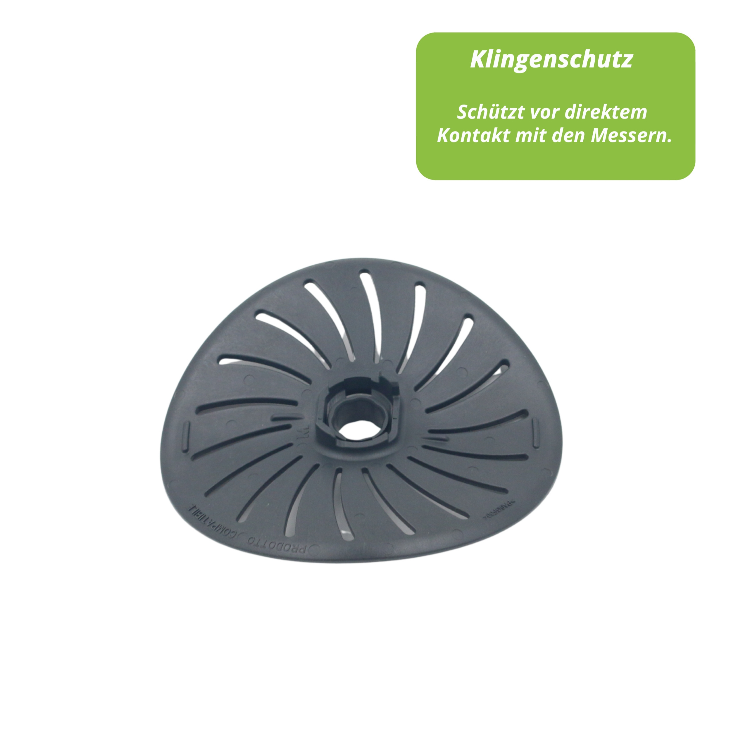 Eine dunkelgraue Klingenschutzvorrichtung mit radialen Schlitzen, die Klingen schützt. Ein grünes Textfeld sagt...