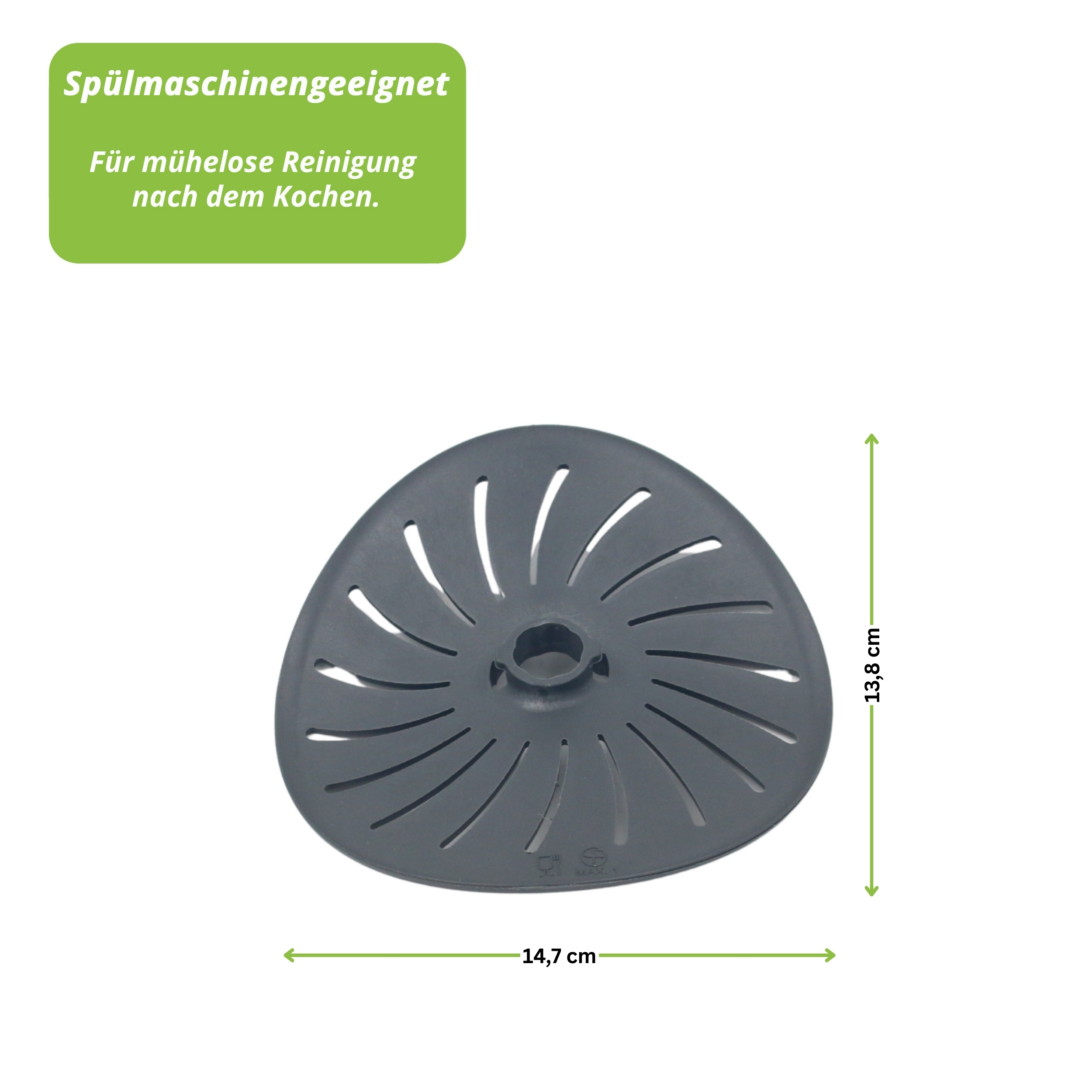 Graues, geschlitztes Küchenwerkzeug. Text weist darauf hin, dass es spülmaschinenfest ist. Abmessungen sind 14,7 cm und 13,8 cm.
