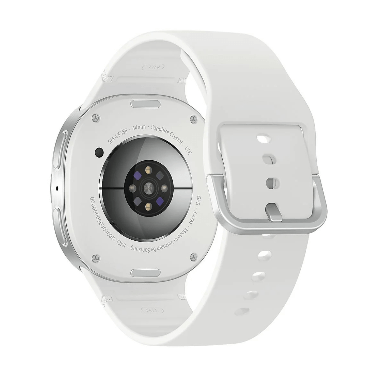 Een witte Samsung smartwatch met de achterkant naar boven. Het horloge heeft een witte band, een zilveren gesp en sensordetails.