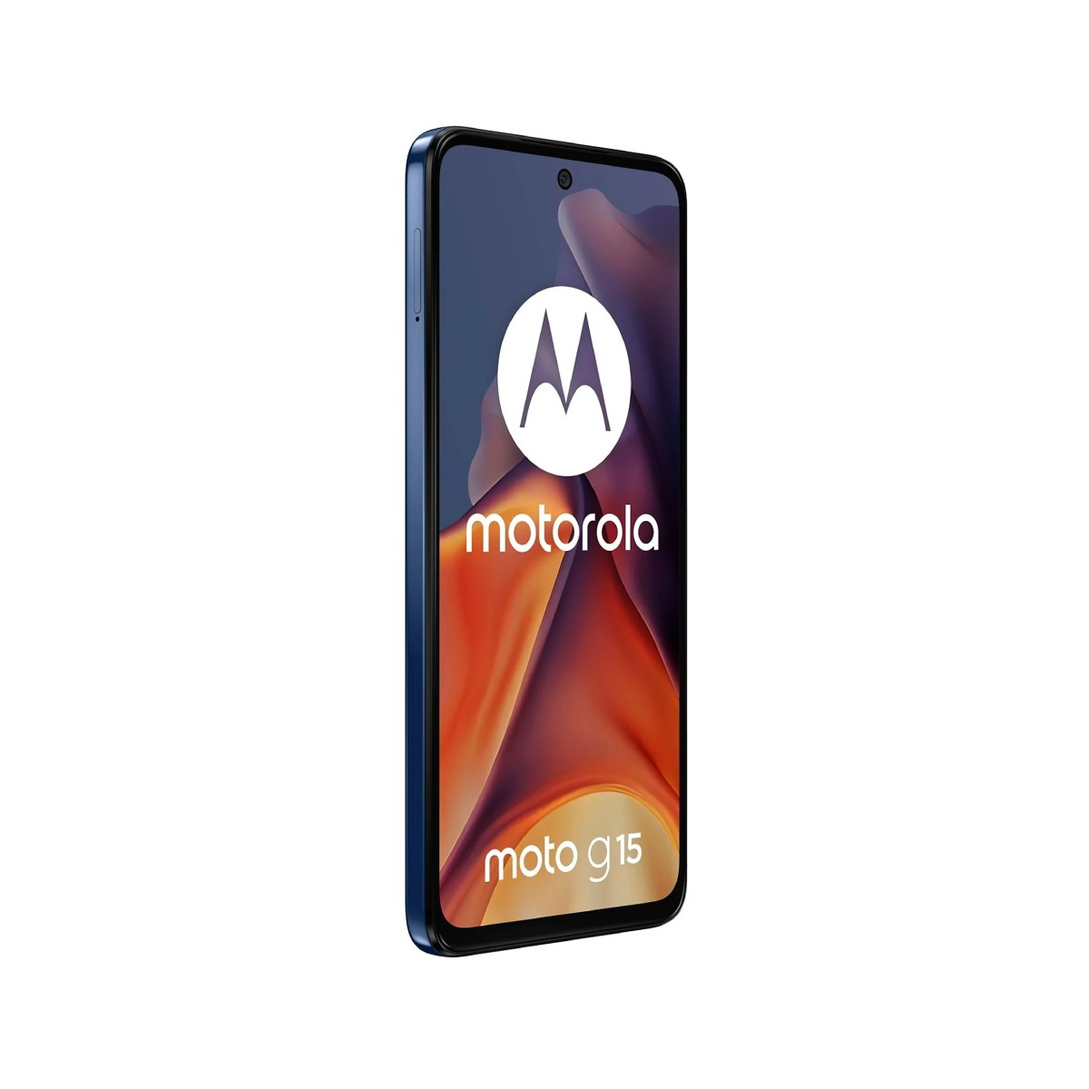 Niebieski smartfon Motorola Moto G15. Ekran wyświetla logo Motorola i słowa 'moto g15' na dole.