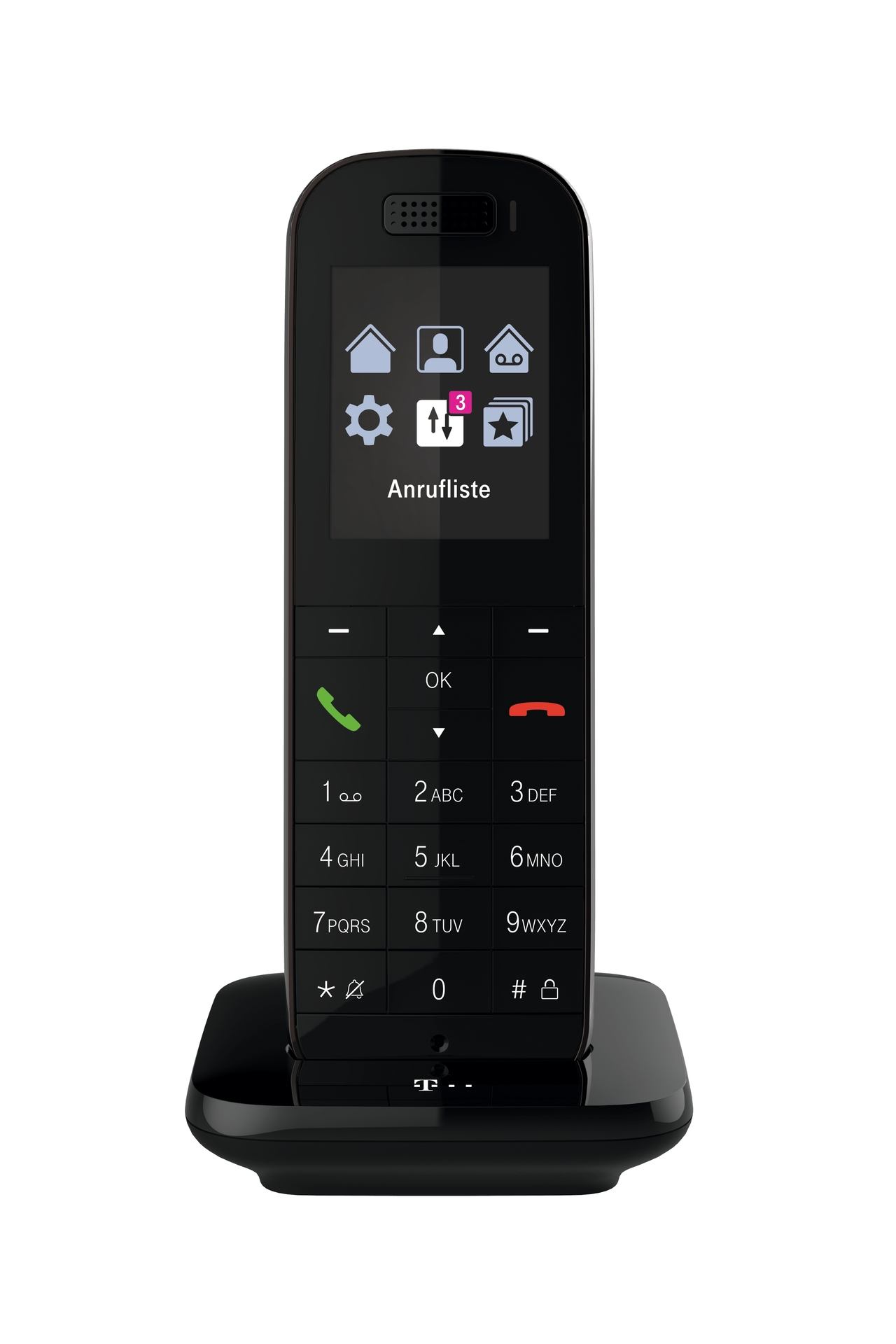 Un téléphone sans fil noir sur une base noire. L'écran affiche des icônes et le mot 'Anrufliste'. Les boutons comprennent des chiffres et des fonctions d'appel.