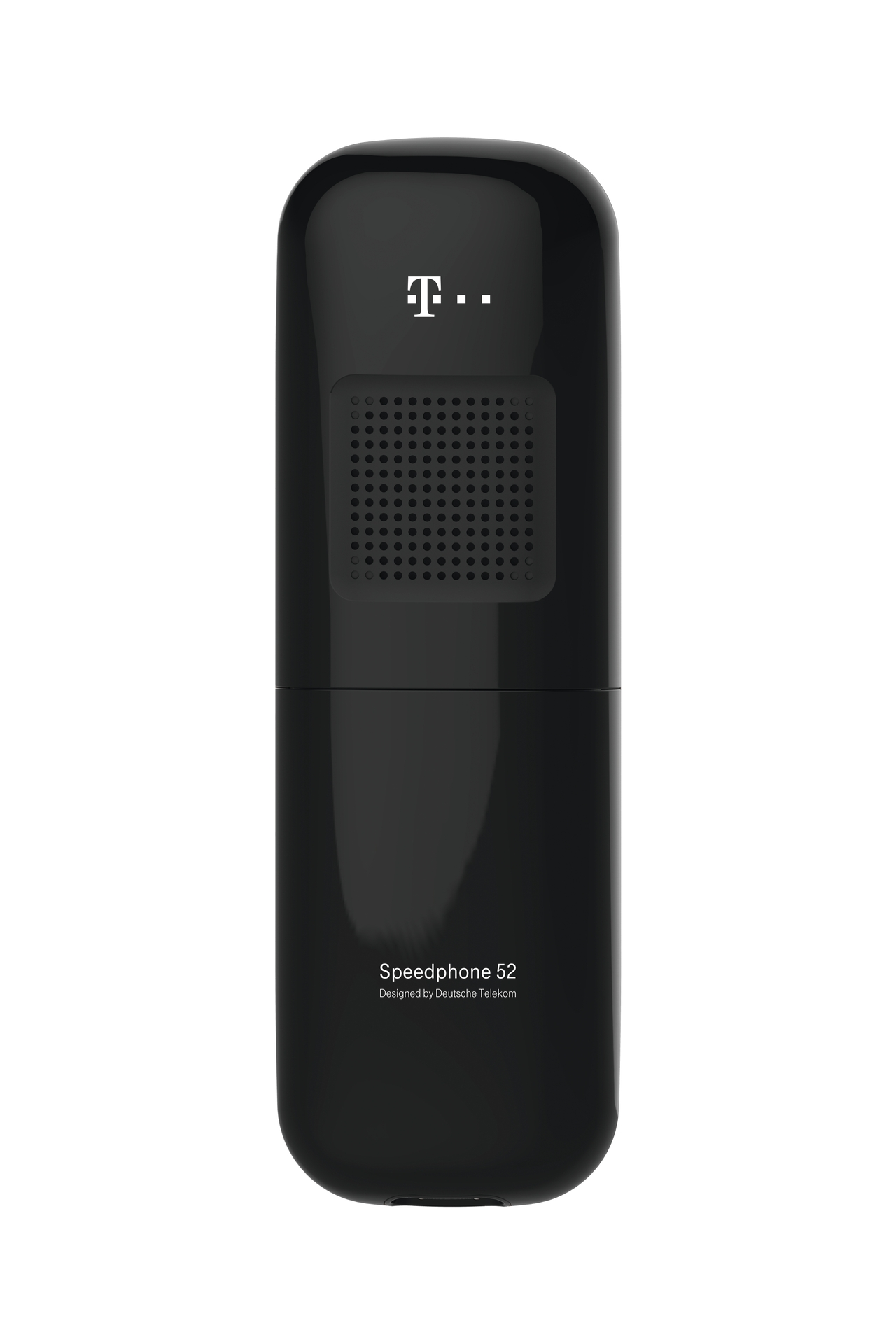 Un Speedphone 52 noir brillant, avec le logo T-Mobile. Le téléphone a un haut-parleur en haut et est conçu par Deutsche Telekom.