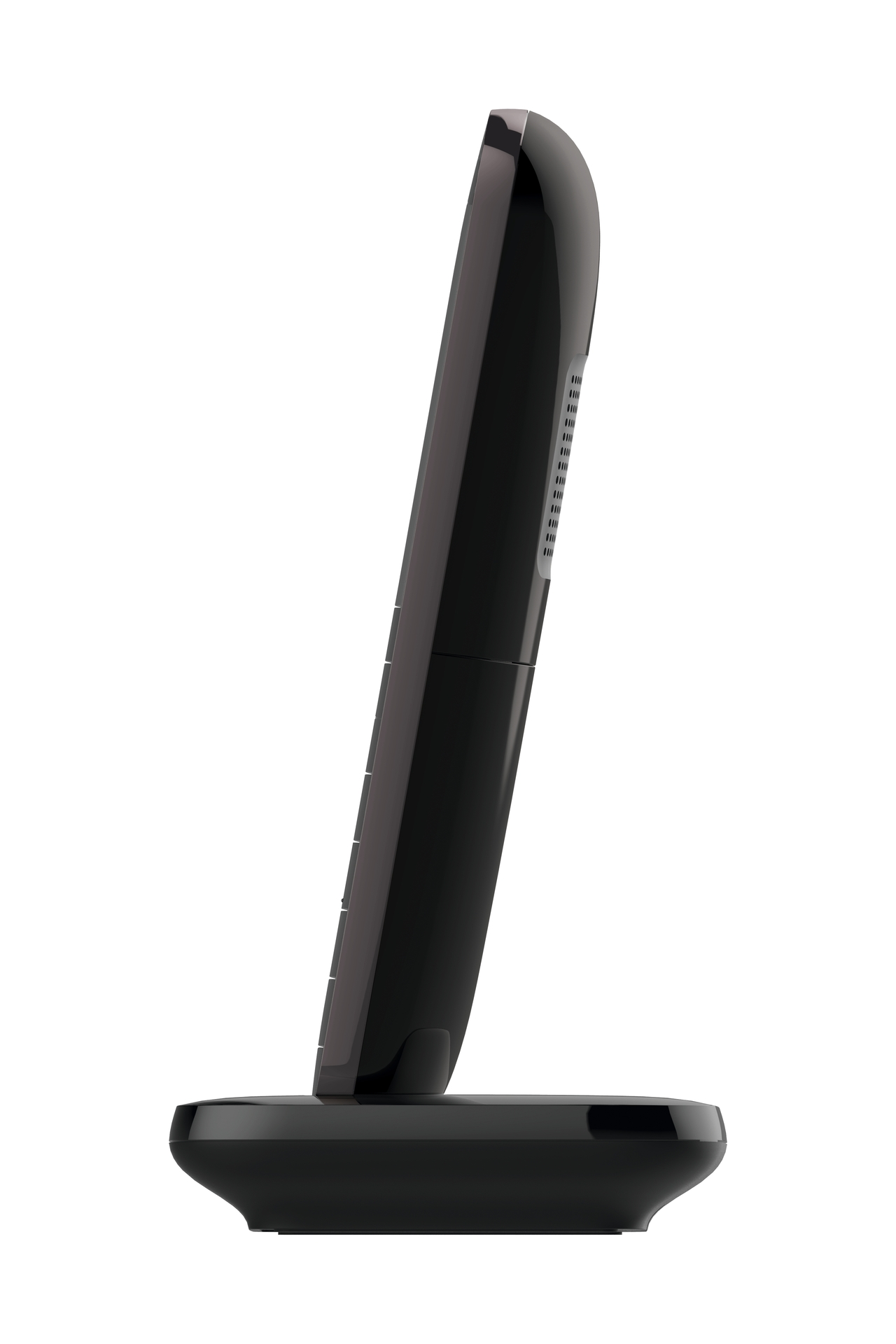 Téléphone sans fil noir sur une base noire, en angle. Le téléphone est brillant et le fond est blanc.