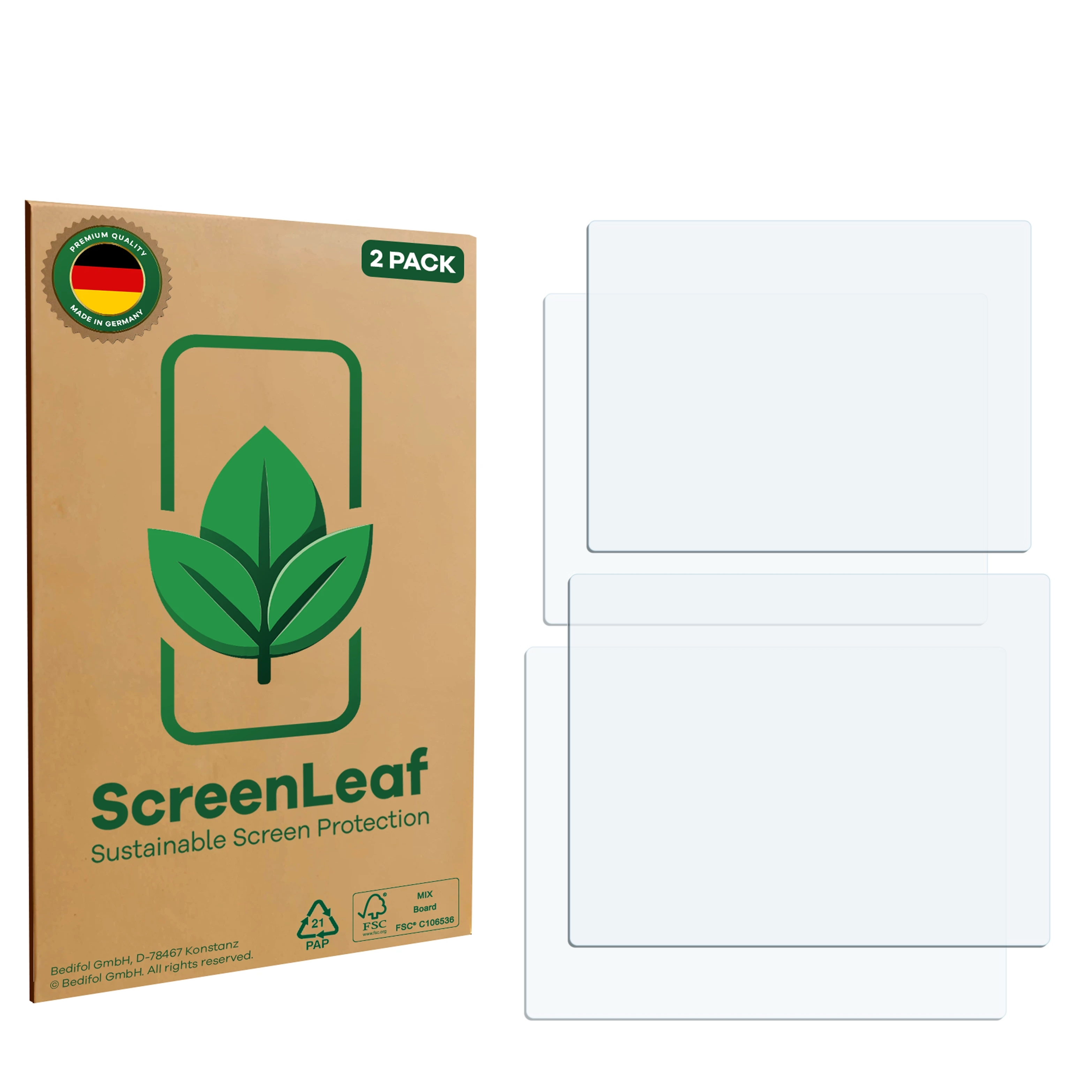 Eine Displayschutzfolienverpackung mit zwei Schutzfolien. Die Verpackung ist aus Pappe, mit grünem Blattlogo und Text.