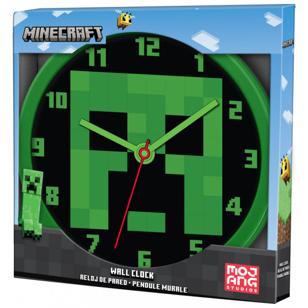 Minecraft-Wanduhr. Schwarzes Zifferblatt mit grünem Creeper-Design. Grüner Rahmen. Box mit Minecraft-Logo und Bienenbildern. Zahlen um die Uhr.