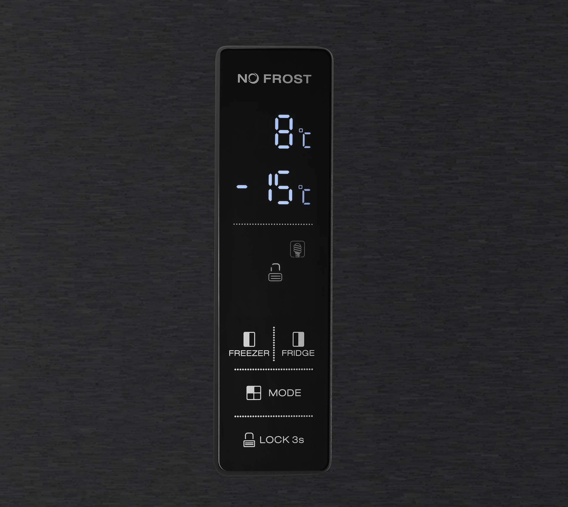 Zwart koelpaneel met digitaal display met 8°C en -15°C. Tekst: No Frost, Vriezer, Koelkast, Mode, Vergrendelen.