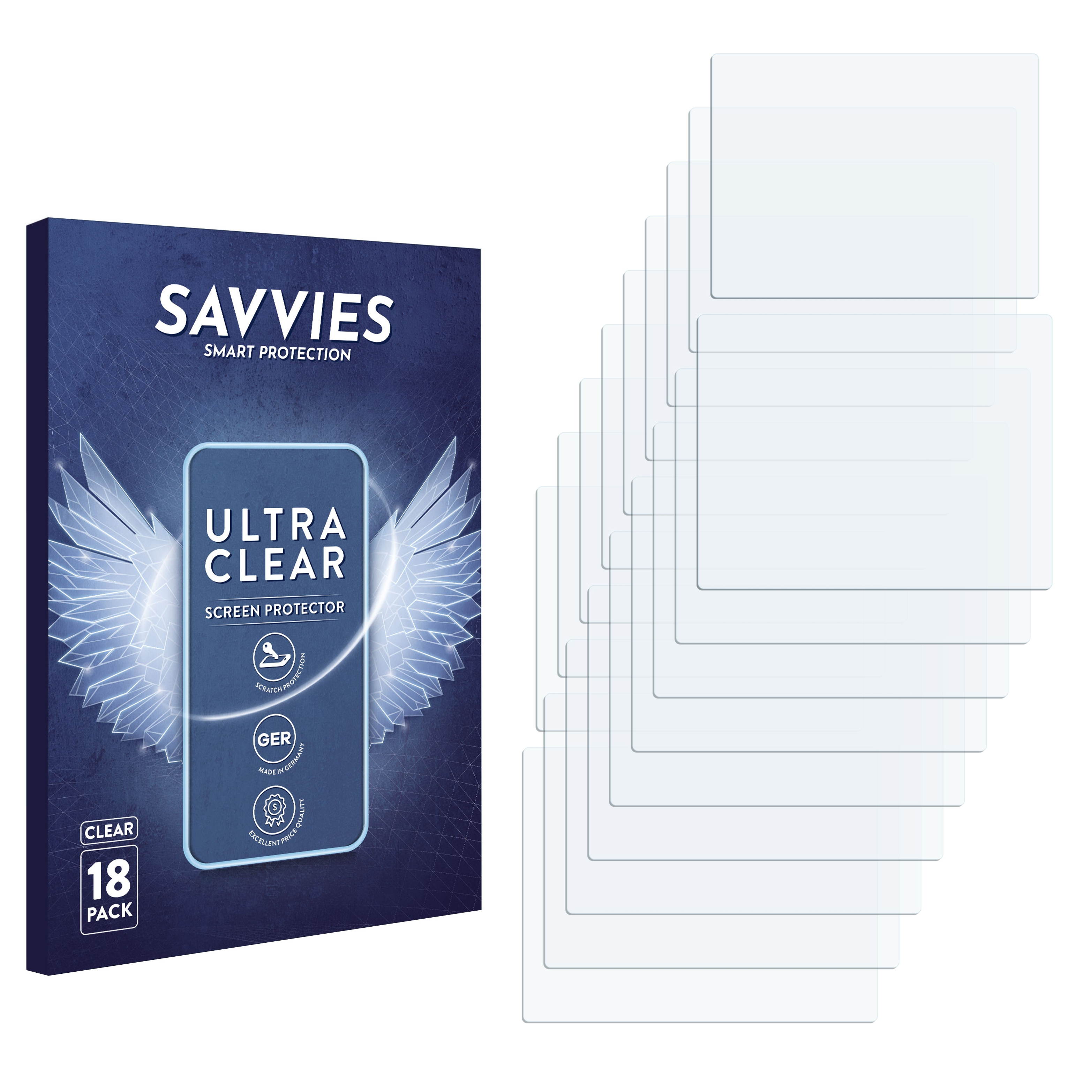 Eine Packung Savvies Displayschutzfolien, Ultra Clear, mit 18 Stück. Klare rechteckige Schutzfolien rechts gestapelt.