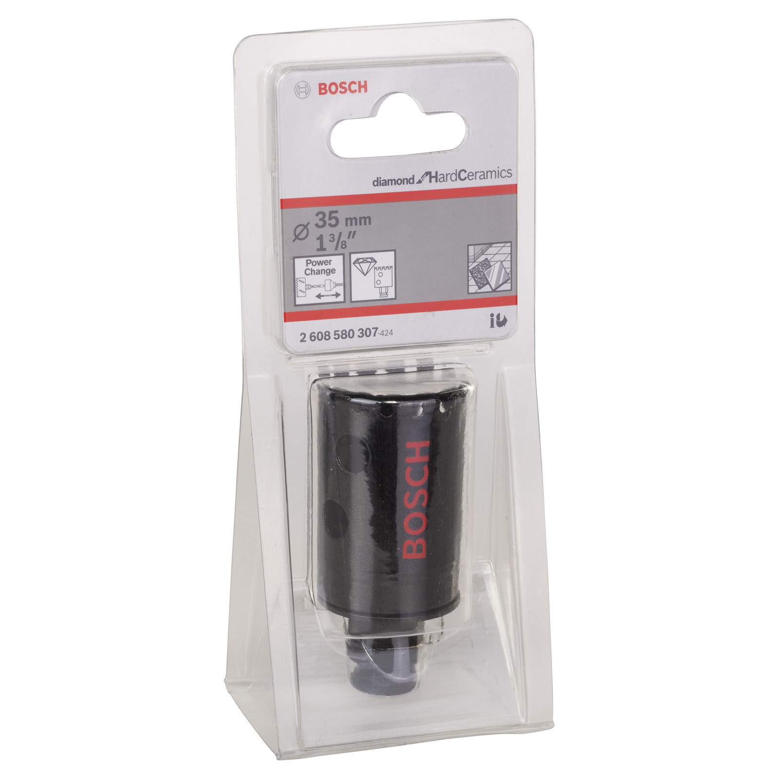 Bosch 35mm Lochsäge, verpackt. Schwarze Säge mit rotem Bosch-Logo. Verpackung zeigt Abmessungen, Merkmale und ein Diamant-Symbol.
