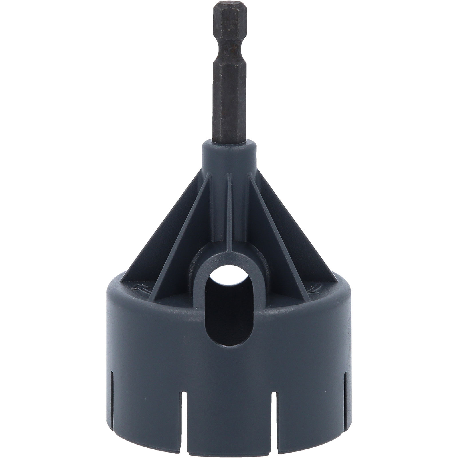Ein dunkelgrauer Bohreraufsatz. Er hat einen sechseckigen Metallbit oben und eine zylindrische Basis mit Schlitzen.