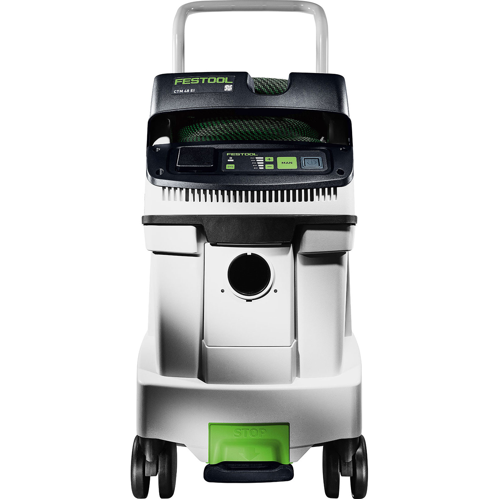 Ein weiß-schwarzer Festool-Staubsauger. Er hat einen grünen Schlauch, Knöpfe und ein grünes „STOP“-Pedal. Die Räder sind schwarz.