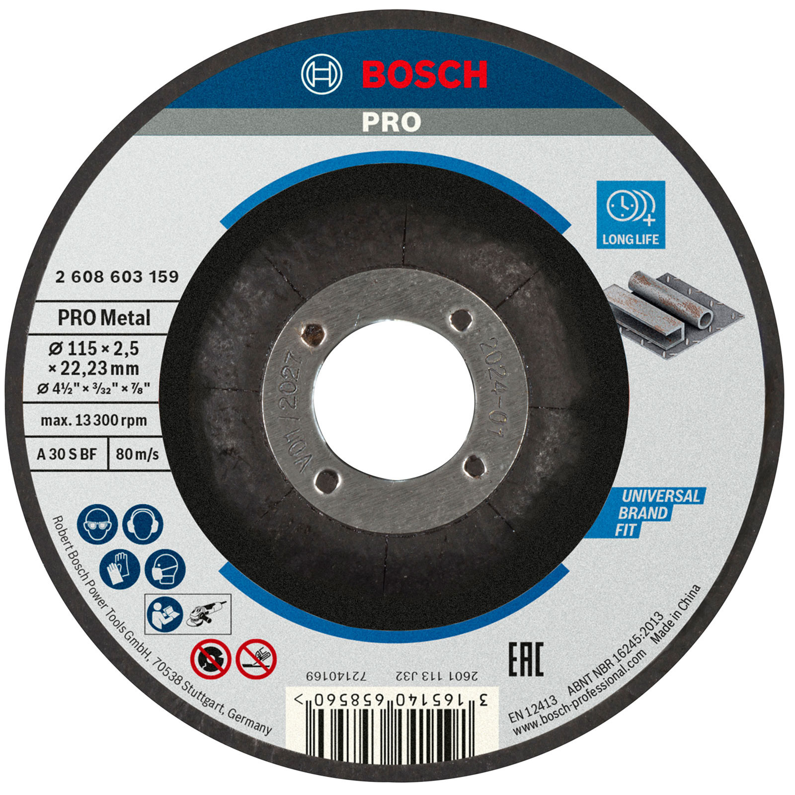 Un disco da taglio per metallo Bosch Pro. Ha un centro abrasivo nero, un anello di metallo argentato e marchio blu e bianco.