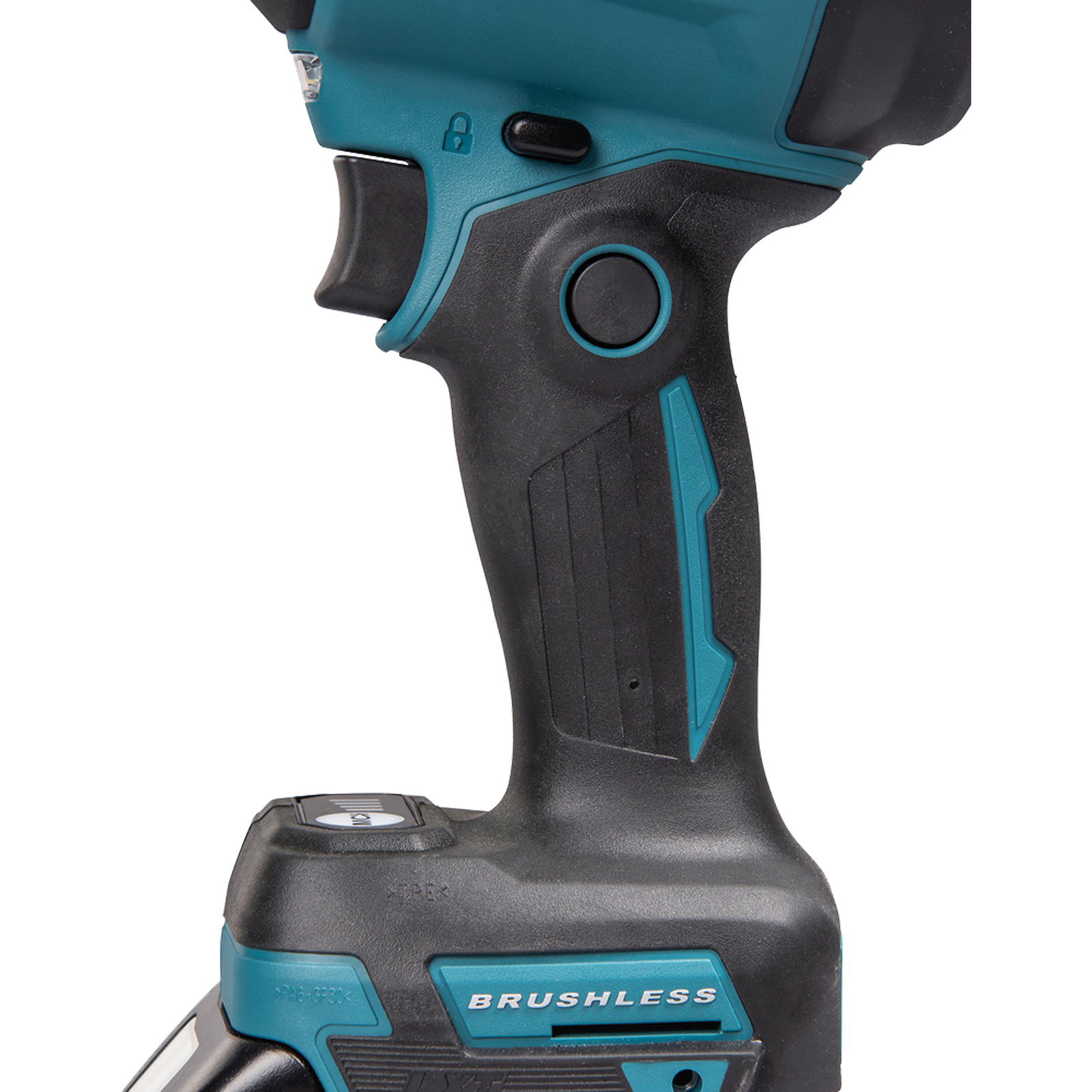 Nahaufnahme eines schwarzen und tealfarbenen Bohrmaschinengriffs. Es hat einen Auslöser, eine Verriegelungstaste und 'Brushless' darauf geschrieben.