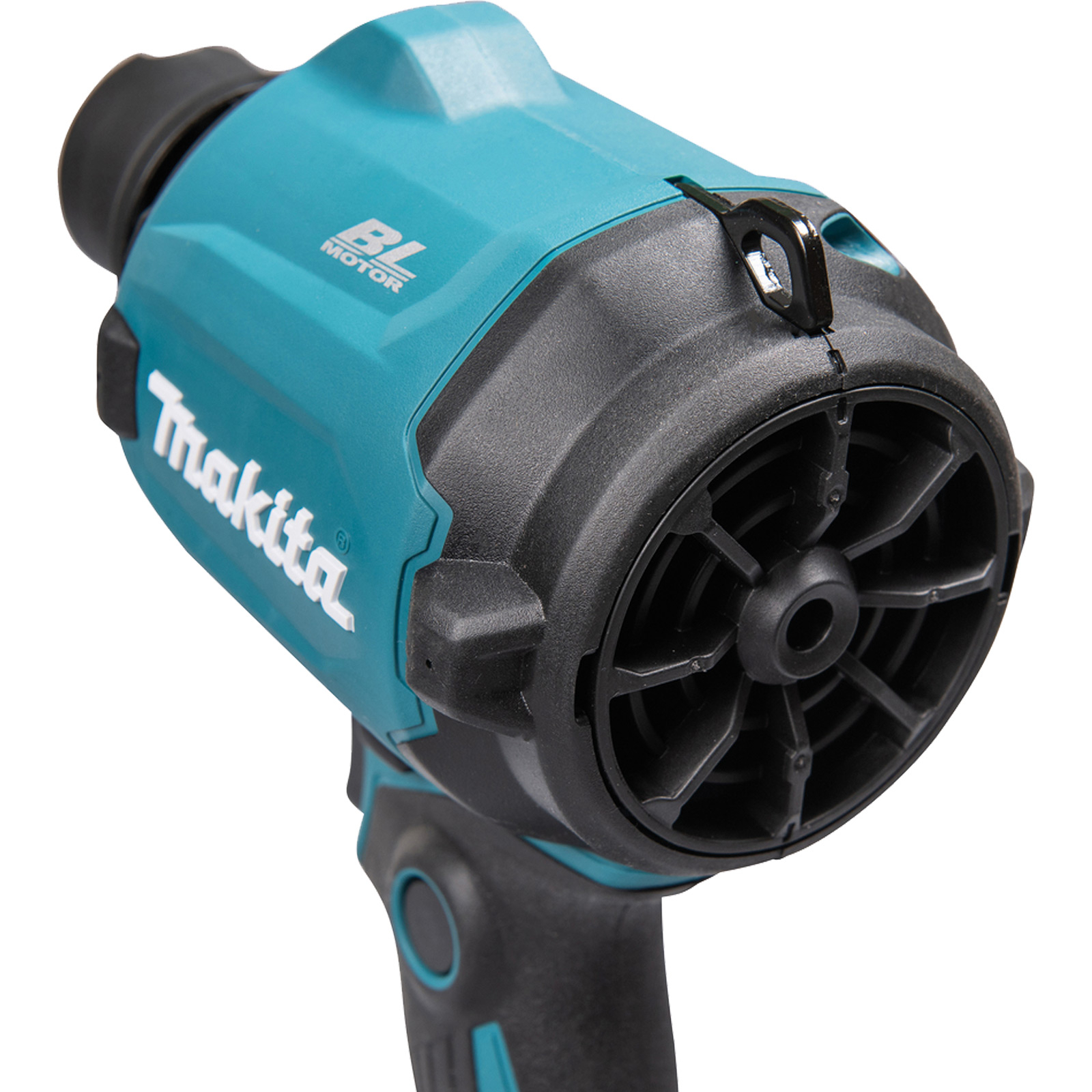 Ein türkis-schwarzes Makita-Elektrowerkzeug. Der Werkzeugkörper ist türkis, mit schwarzen Akzenten und einer schwarzen, fächerartigen Front.