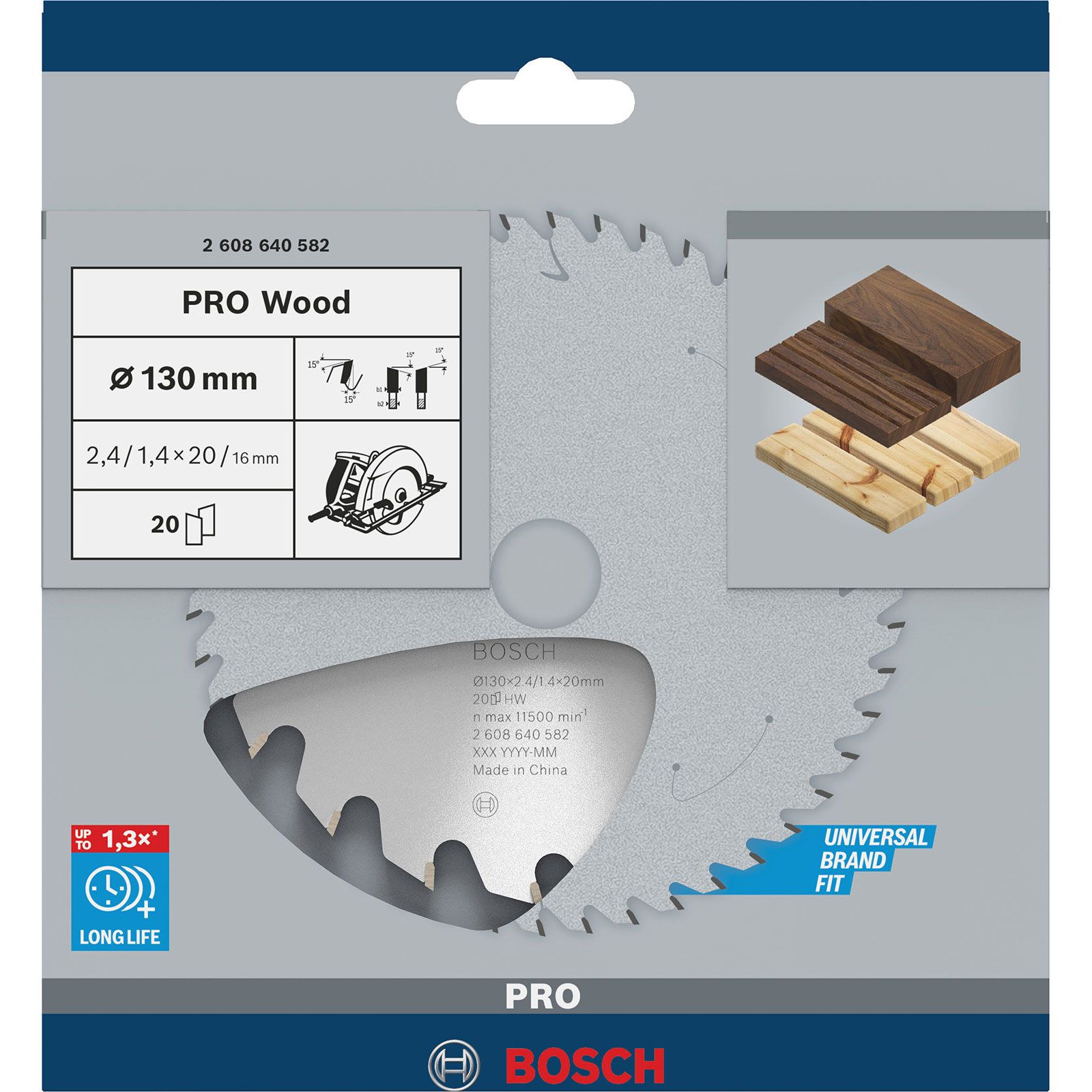 Confezione di lama per sega Bosch PRO Wood. Include immagine della lama, blocchi di legno e dettagli del prodotto come dimensioni e specifiche.