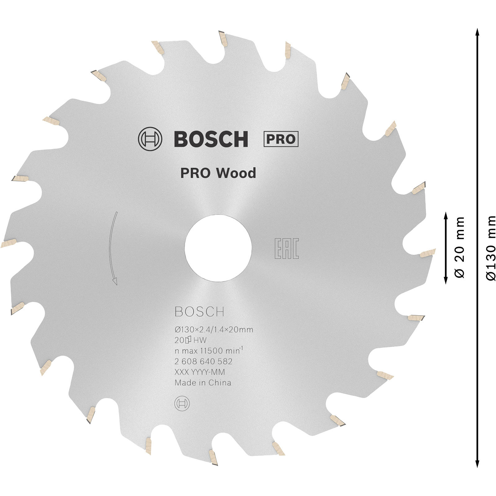 Una lama per sega circolare con il logo Bosch. È argentata con denti. Ci sono le dimensioni a destra.