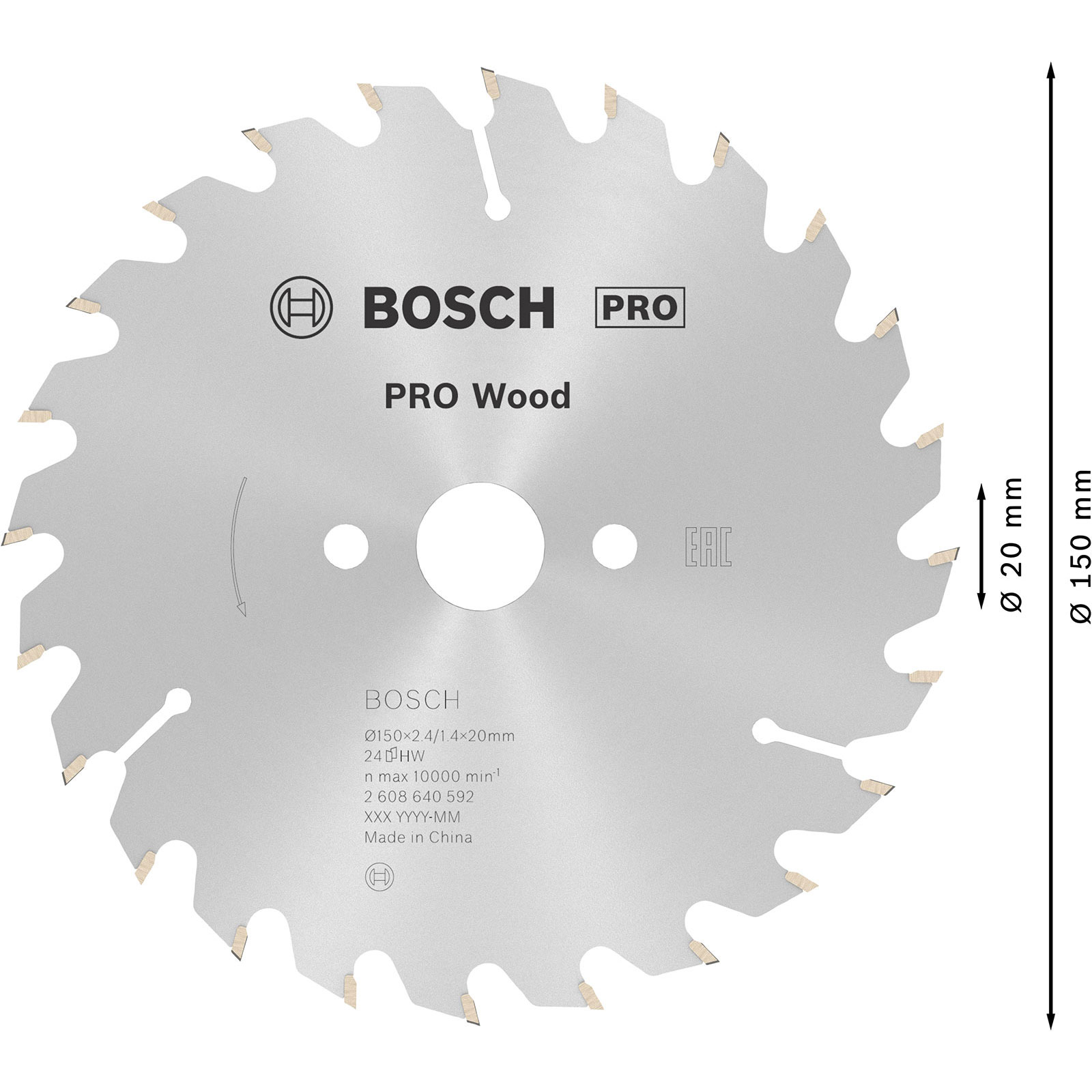 Lama per sega circolare con logo Bosch Pro Wood, dettagli delle dimensioni. Lama argentata con denti, testo nero e freccia.
