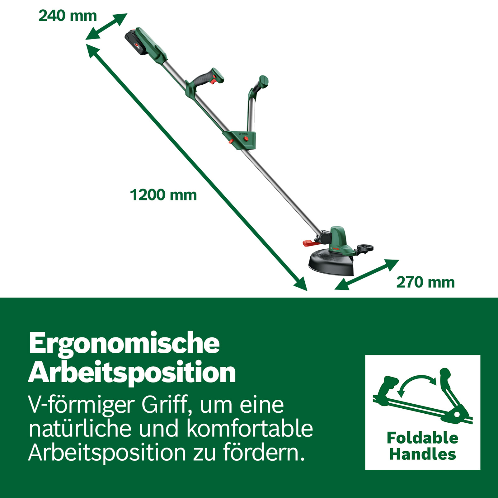 Ein grüner und silberner Rasentrimmer mit Maßen. Text beschreibt ergonomisches Design und klappbare Griffe.
