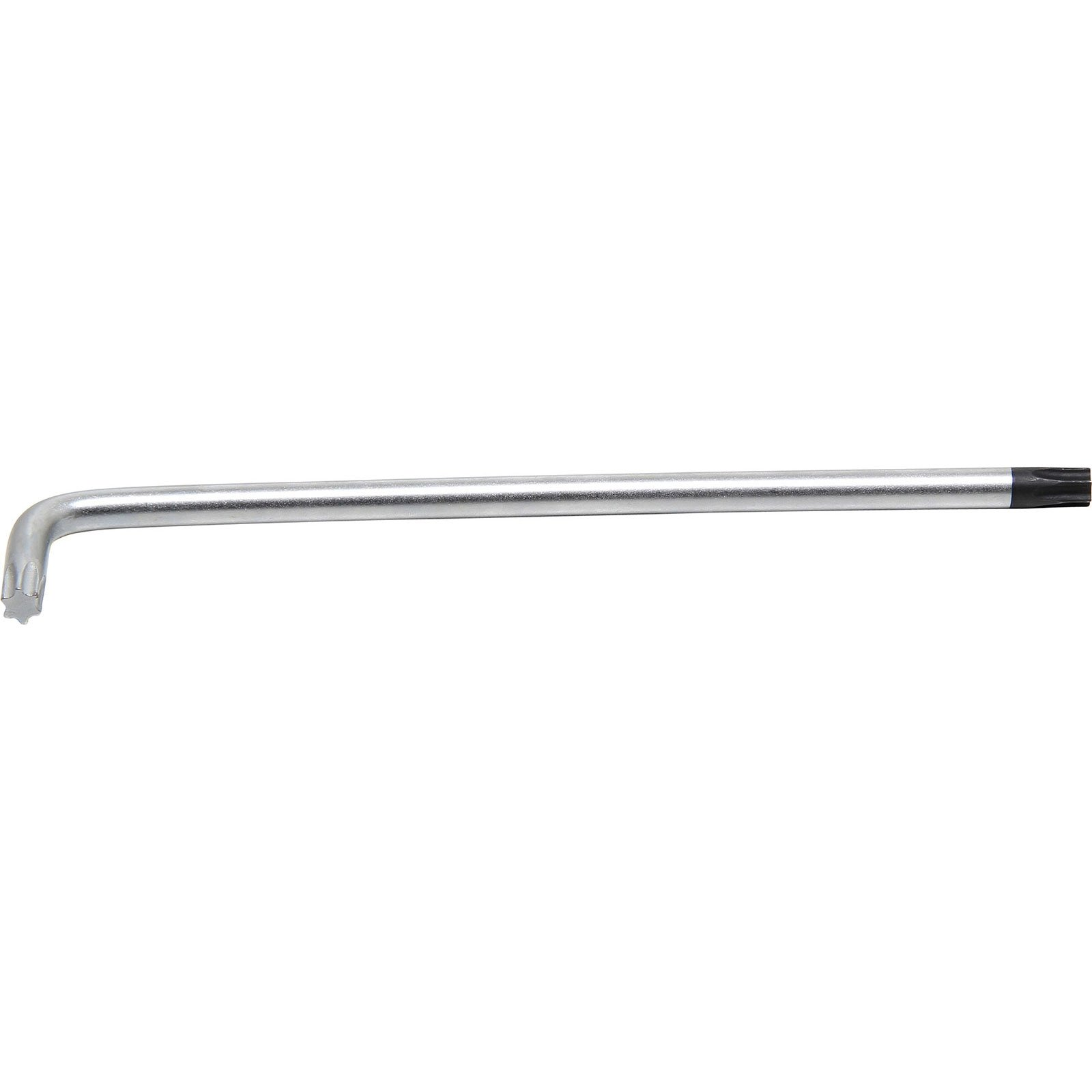 Una chiave Torx in metallo argentato, piegata ad angolo retto. La testa è nera. Lo sfondo è bianco.