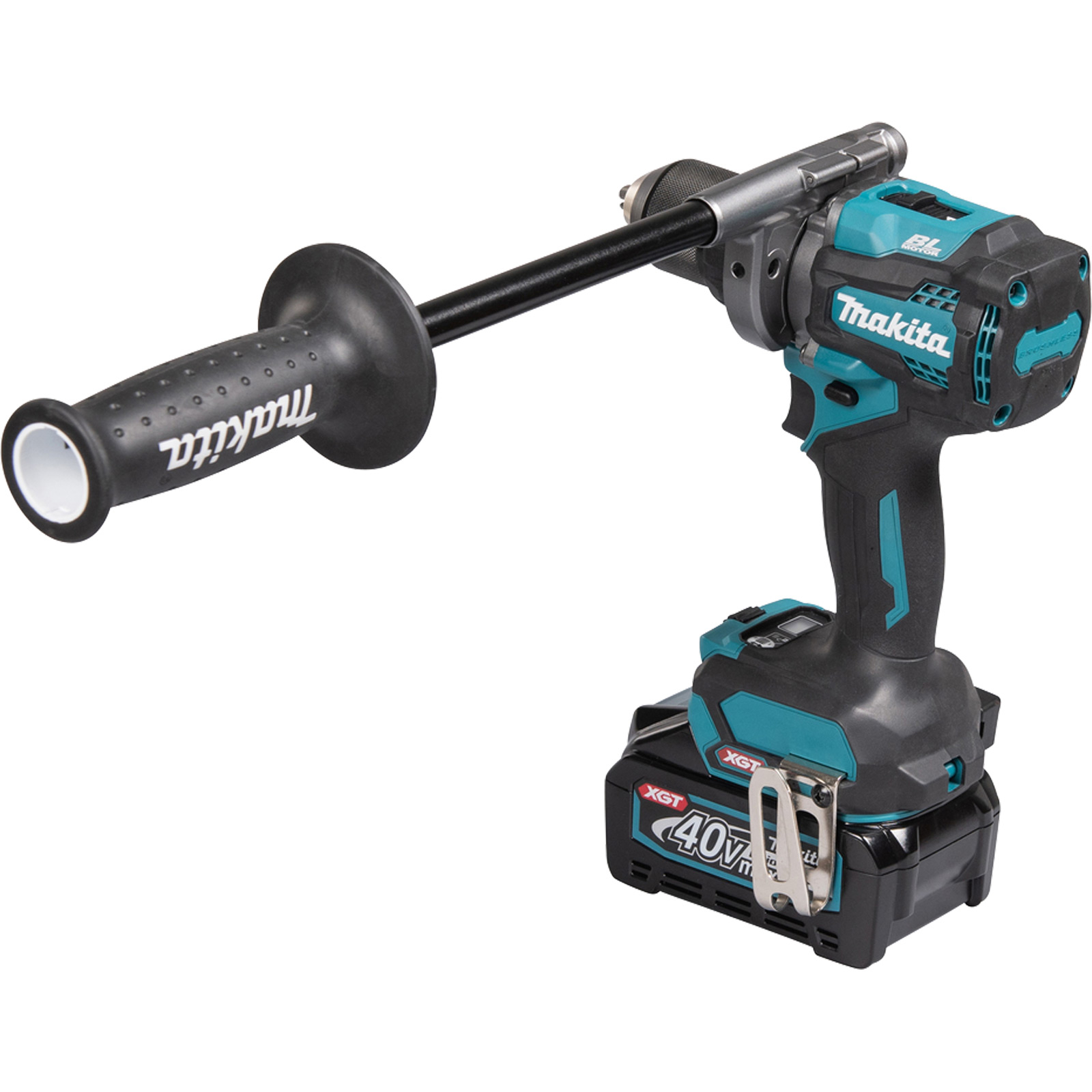 Un taladro inalámbrico Makita, negro y verde azulado, con un asa extra. Tiene una batería etiquetada XGT 40V.