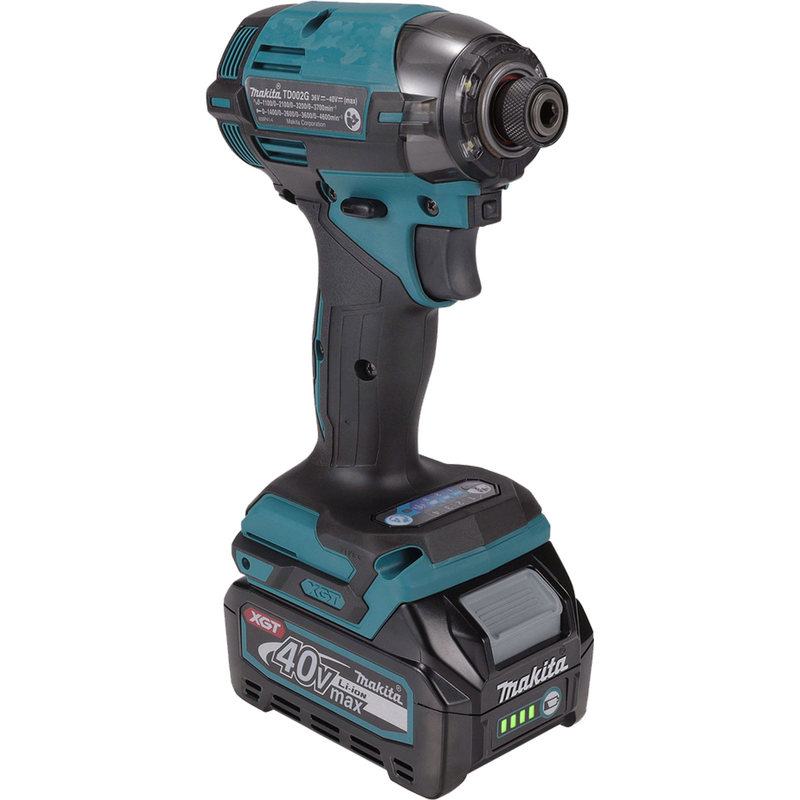 Un avvitatore a impulsi cordless Makita verde acqua e nero. Ha una batteria alla base e un grilletto.