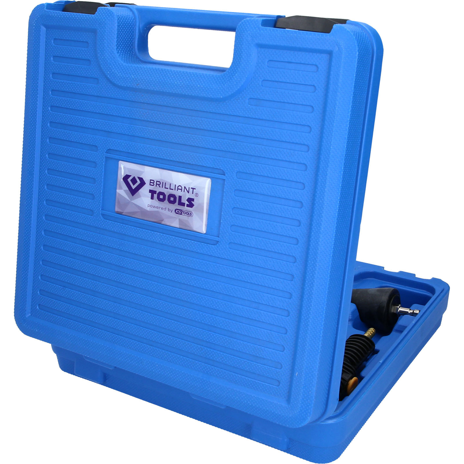 Valigetta blu con attrezzi all'interno. La valigetta ha il logo Brilliant Tools.