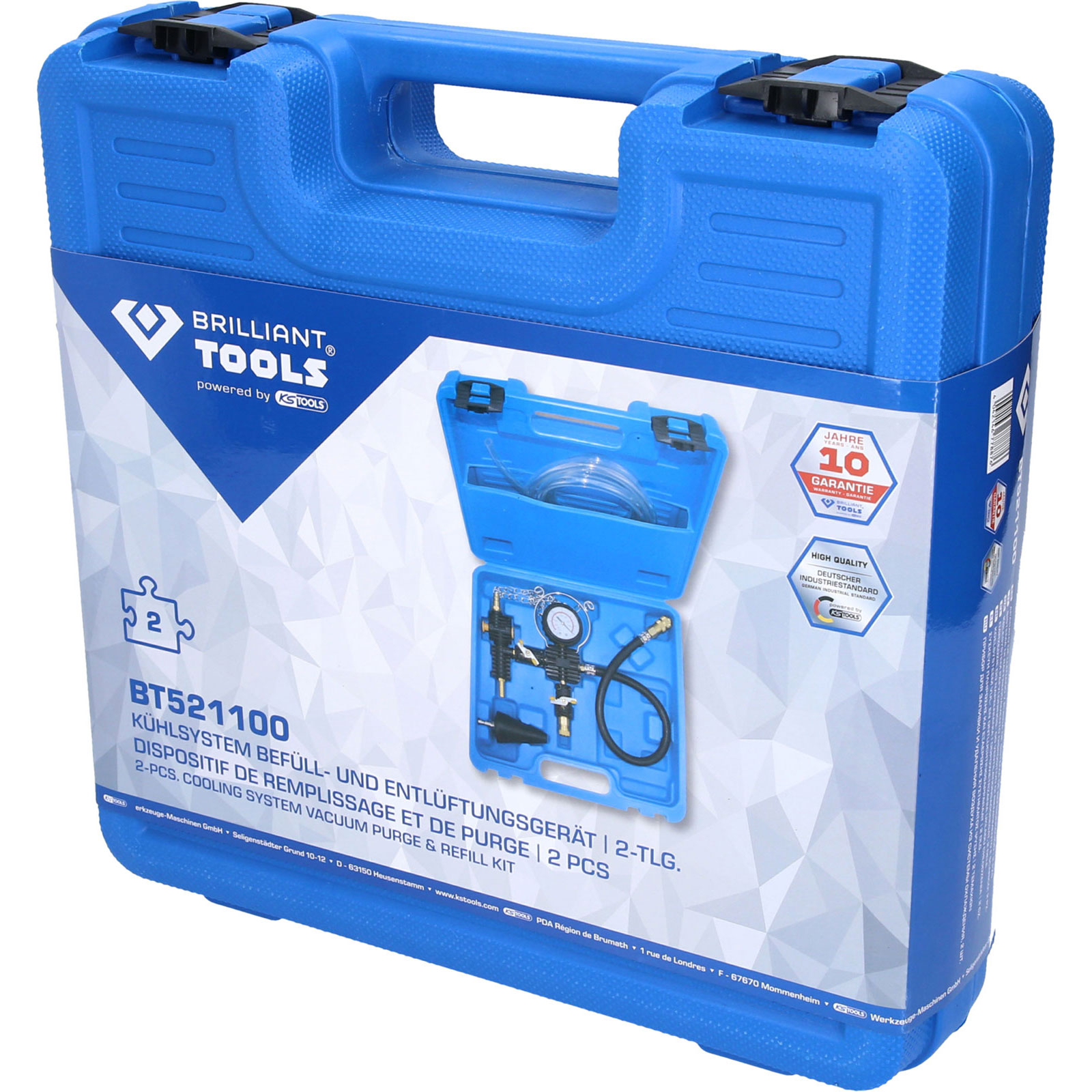 Valigetta di plastica blu con l'etichetta 'Brilliant Tools' contenente un kit di spurgo e riempimento sottovuoto del sistema di raffreddamento.