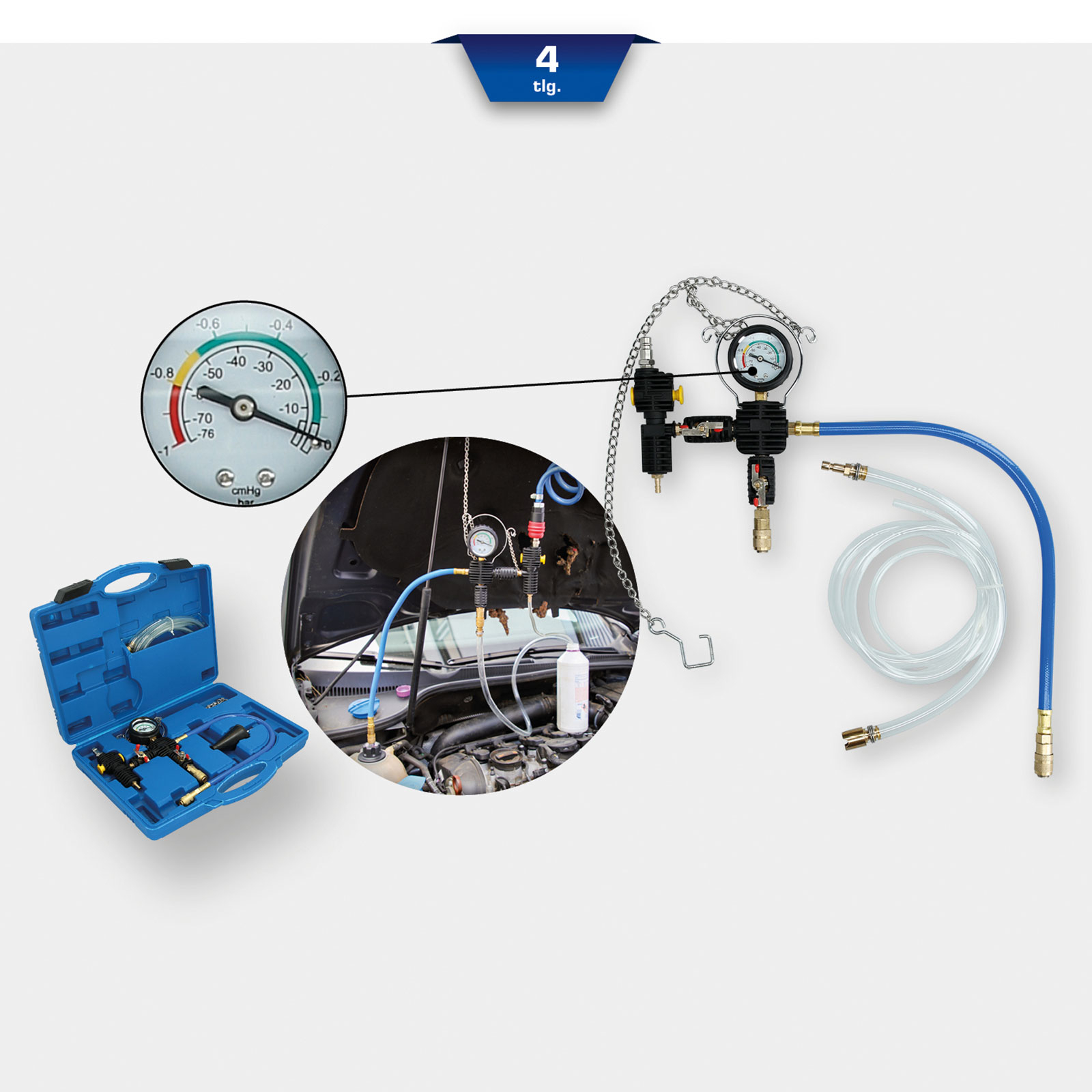 Un set di strumenti diagnostici per auto, indicatori e tubi flessibili sono esposti su sfondo bianco, con un motore di un'auto sullo sfondo.