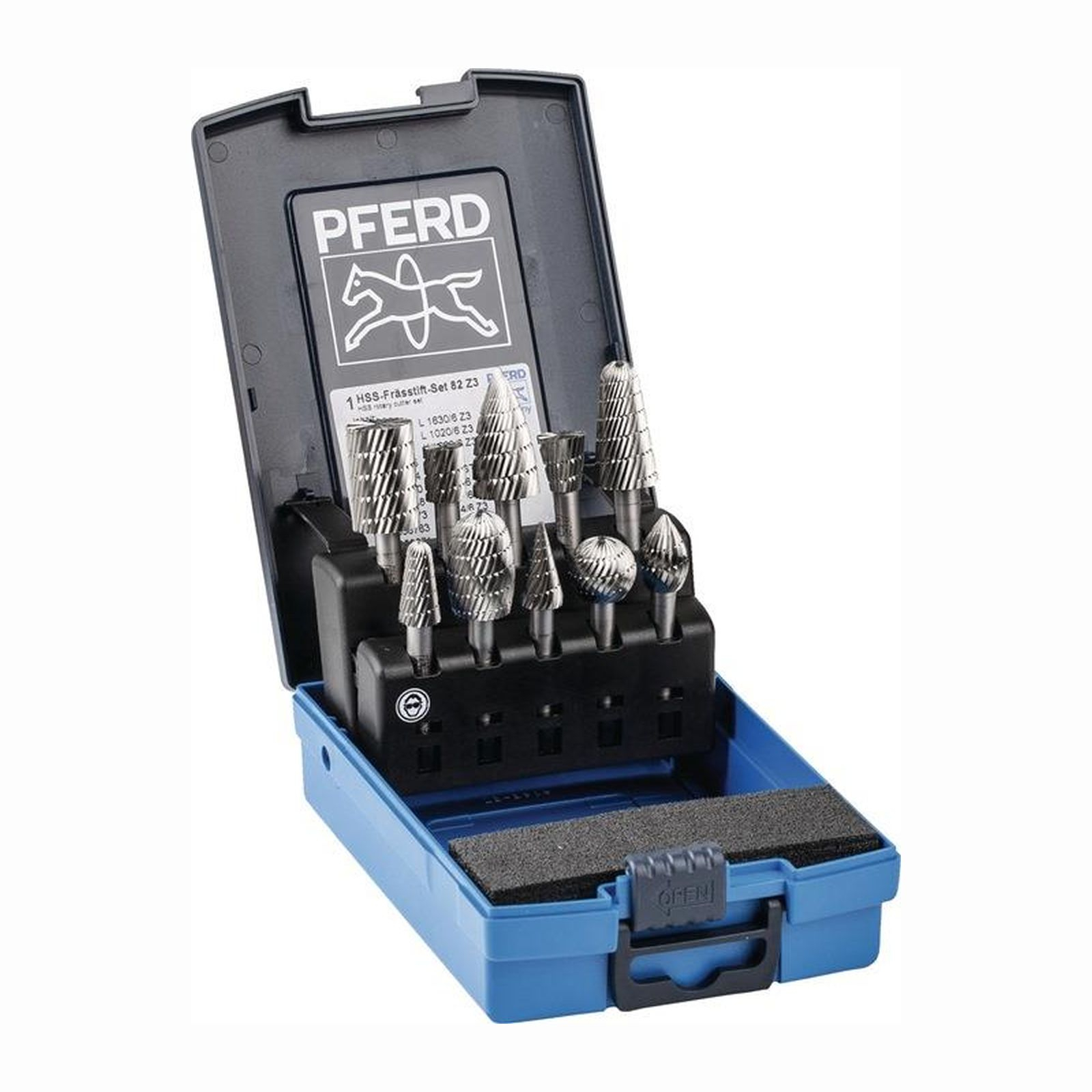 Set di utensili in scatola blu aperta. Punte di metallo di varie forme sono tenute in un inserto nero. La parte superiore ha il logo PFERD.