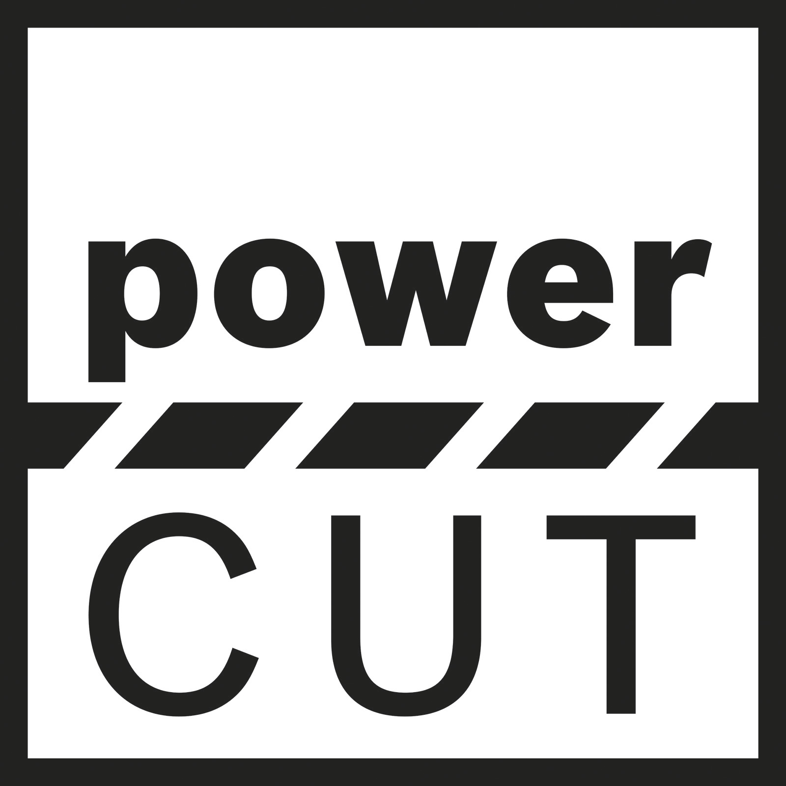 Schwarz-weiße Grafik mit den Worten "power CUT" in fetter Schrift. Eine Filmklappe befindet sich in der Mitte.