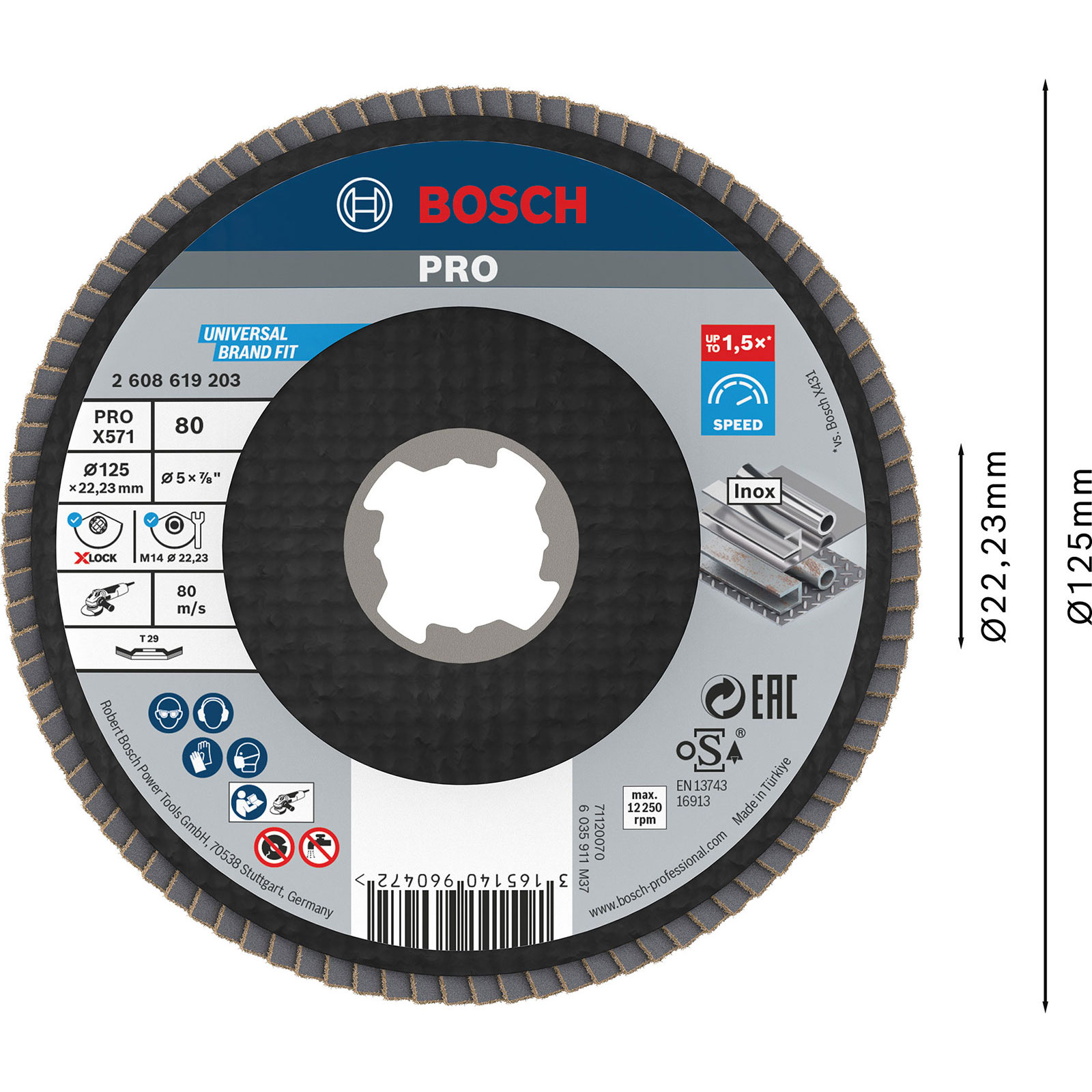 Bosch Pro slijpschijf. Blauw en zwart met witte details. Bevat tekst en symbolen met specificaties en veiligheidsinformatie.