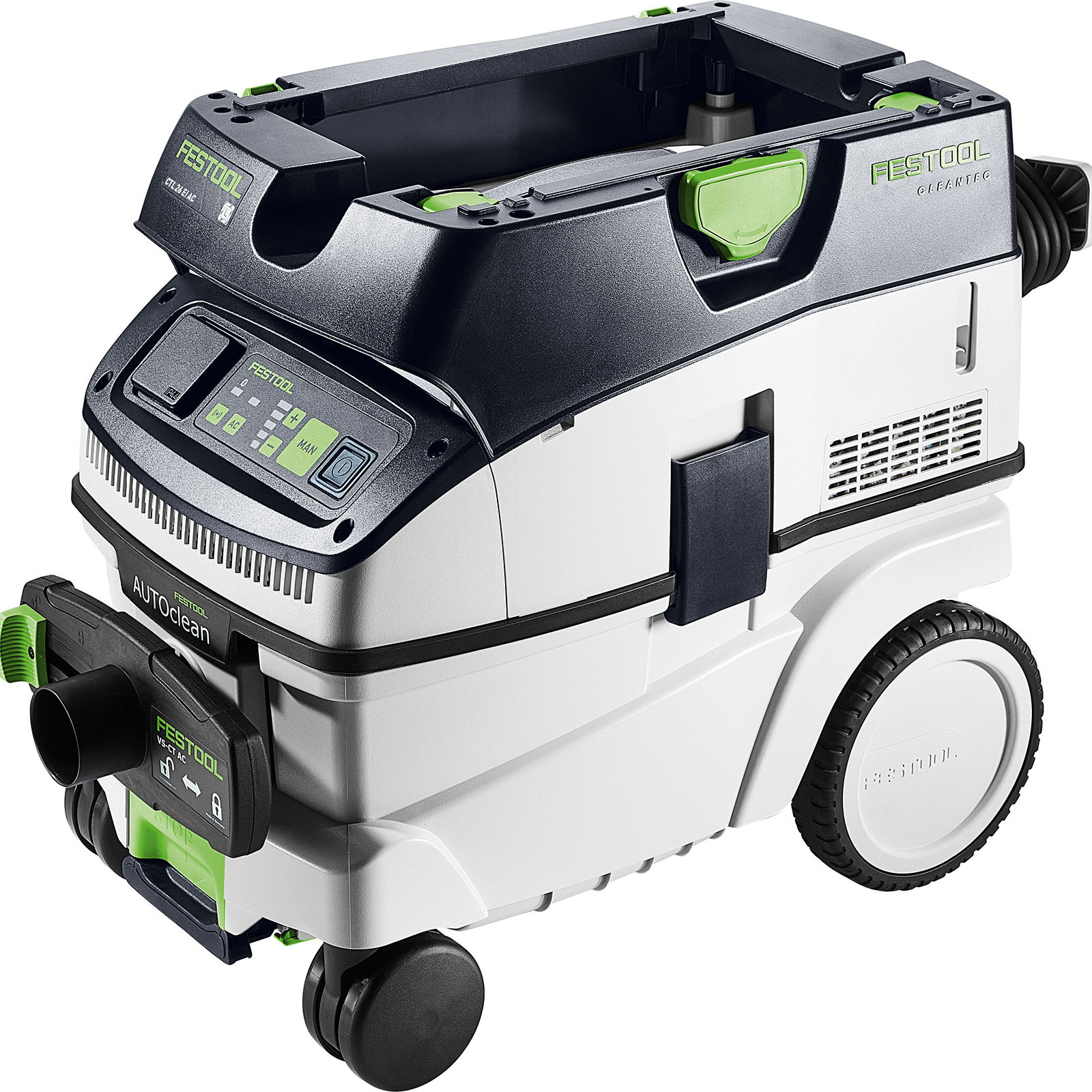 Ein weiß-schwarzer Festool-Staubsauger mit grünen Akzenten. Er hat Räder und ein Bedienfeld.