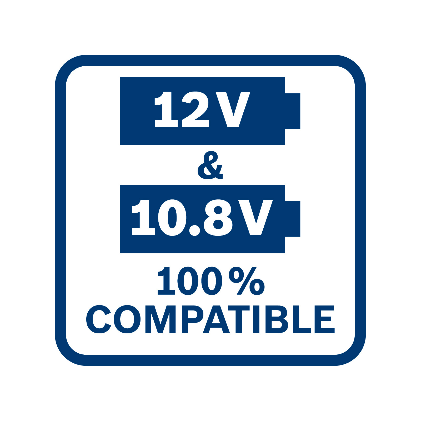 Ein blau-weißes Quadrat mit dem Text '12V & 10.8V 100% COMPATIBLE' in Blau. Der Text befindet sich in einem abgerundeten Rechteck.