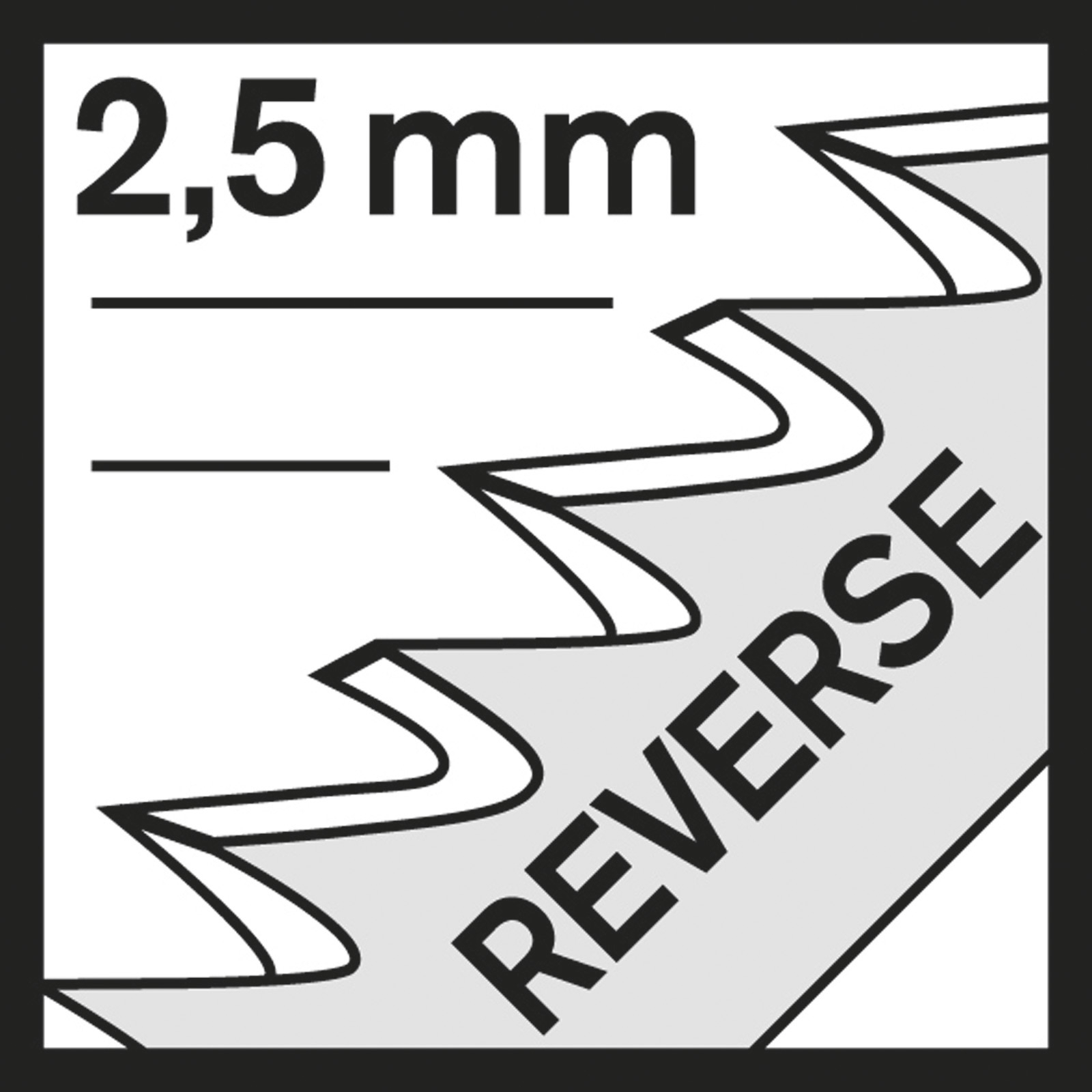 Schwarz-Weiß-Bild eines Sägeblatts mit Text "2,5 mm" und "REVERSE" sowie Sägezähnen.