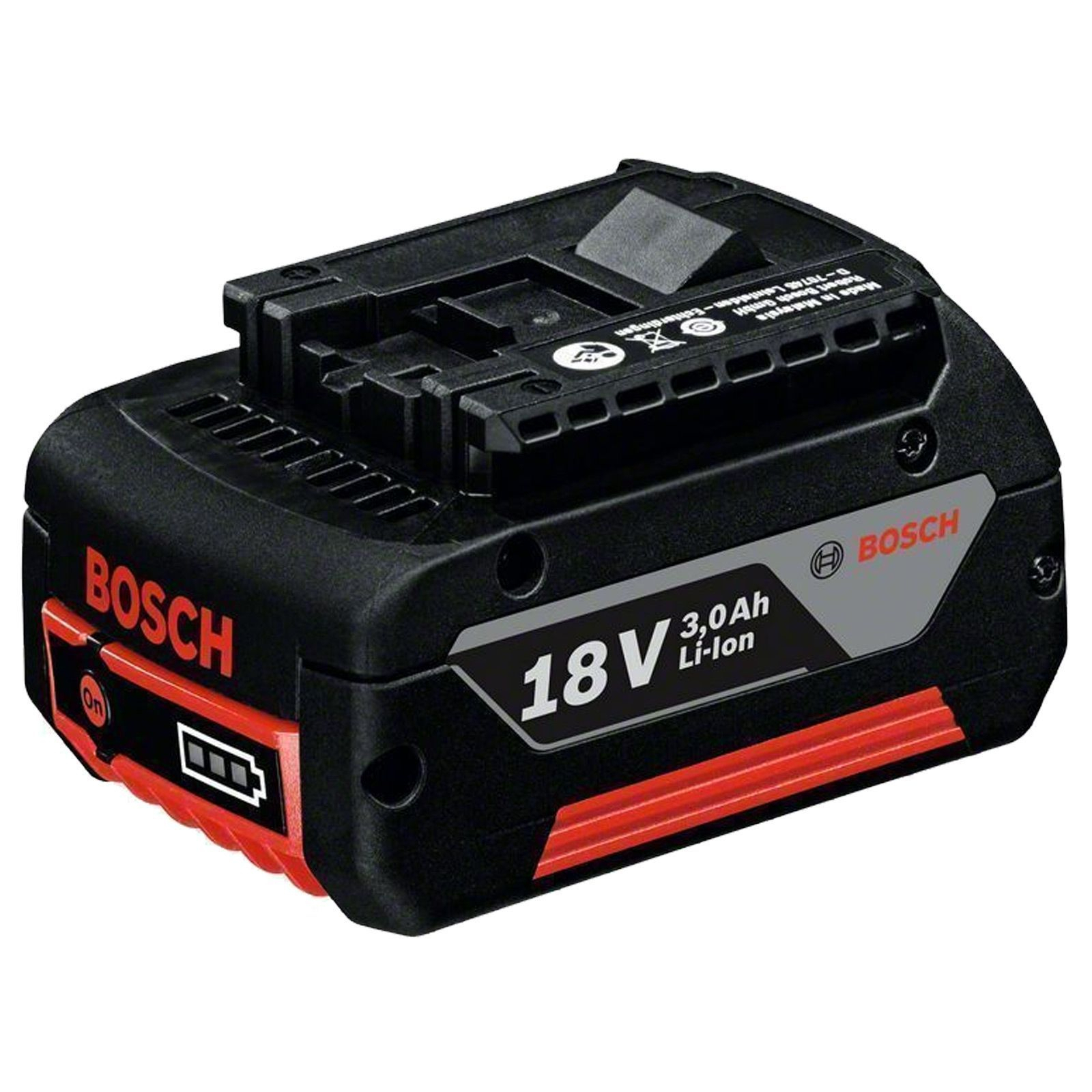 Ein schwarzer und roter Bosch 18V Li-Ion-Akku. Er hat eine Leistungsanzeige und das Bosch-Logo ist sichtbar.