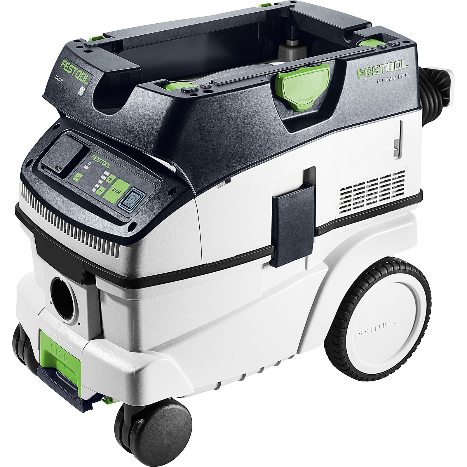 Ein weißer und dunkelgrauer Festool-Staubsauger mit Rädern, grünen Akzenten und Bedienfeld. Er ist für den industriellen Einsatz konzipiert.