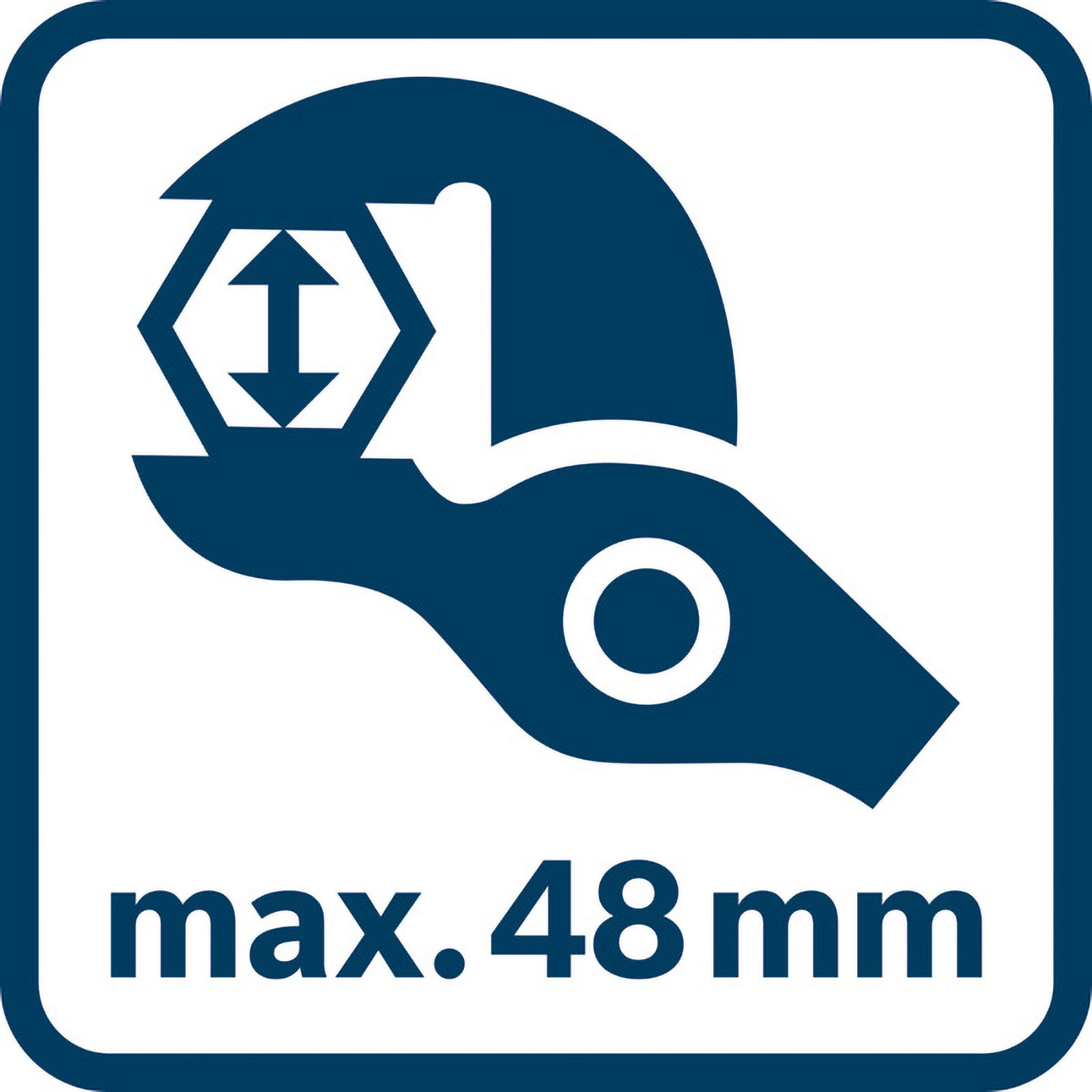 Blau-weißes Logo mit Schraubenschlüssel-Symbol und Text 'max. 48 mm' in quadratischem Rahmen.