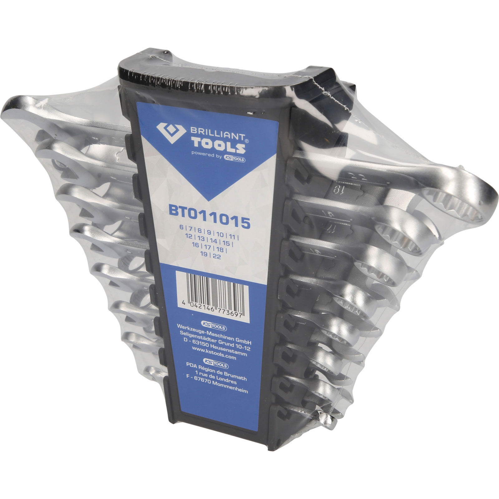 Ein Satz Schraubenschlüssel in Plastikverpackung. Die Verpackung hat ein blau-weißes Etikett mit Markenname und Größen.