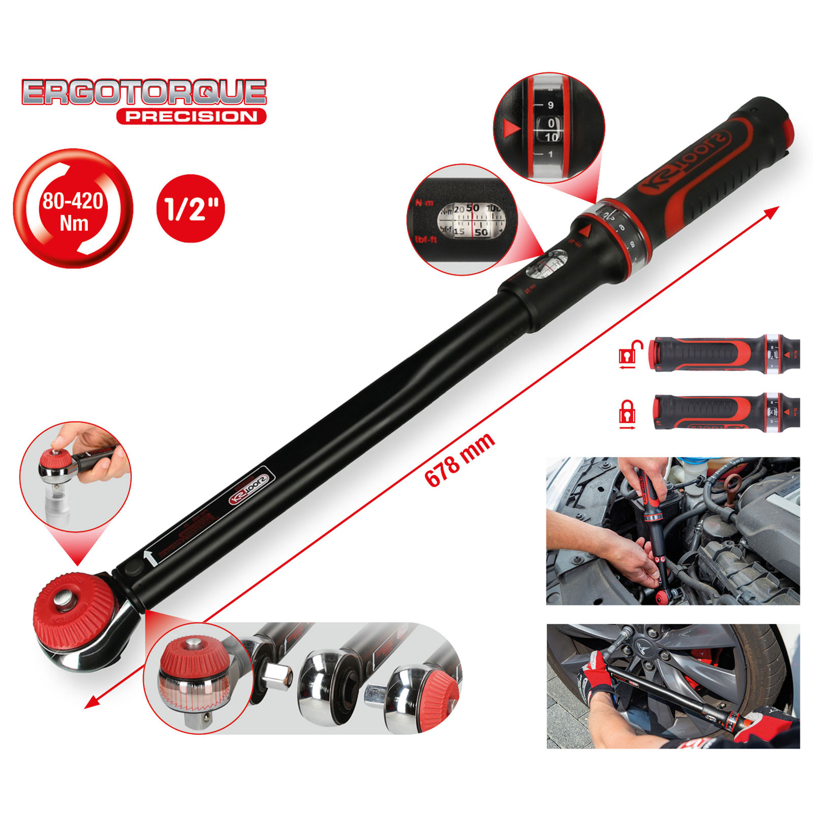 Llave dinamométrica negra y roja con mediciones. Incluye primeros planos y ejemplos de uso. La llave mide 678 mm de largo.