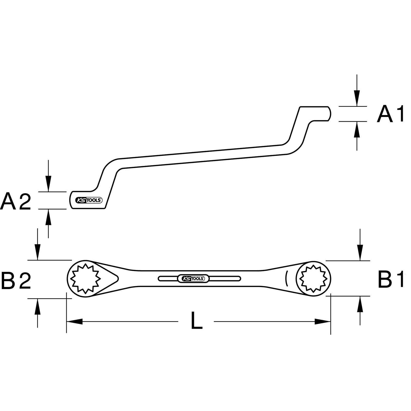 Technische Zeichnung von zwei Schraubenschlüsseln. Einer ist versetzt. Abmessungen mit Buchstaben und Zahlen beschriftet. KS TOOLS Logo sichtbar.