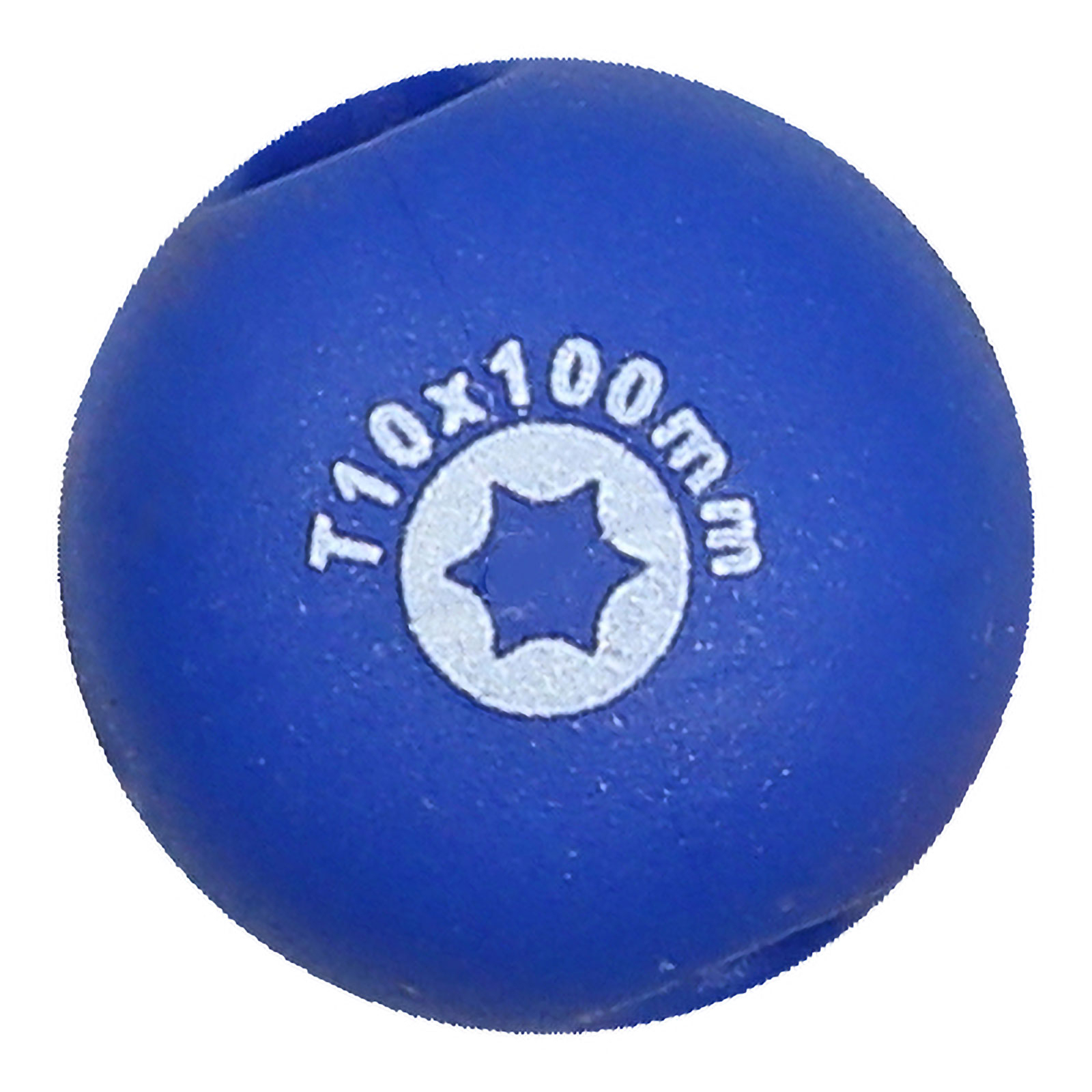 Ein blauer Torx-Schraubendreherkopf. Er hat den Text 'T10x100mm' und ein sternförmiges Loch.