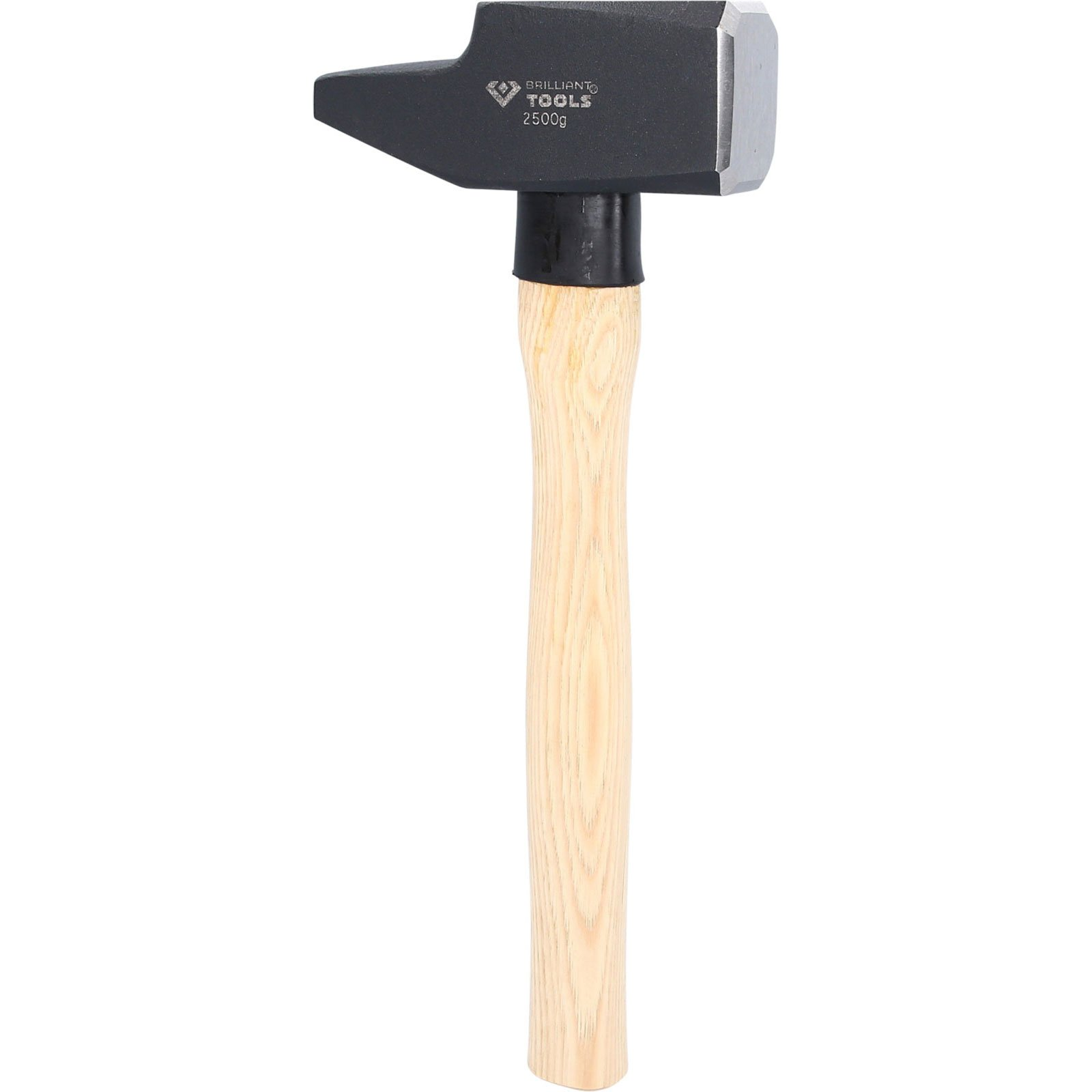 Un martello nero con manico in legno. Il martello ha una testa piatta e una testa marchiata. Il manico è in legno chiaro.