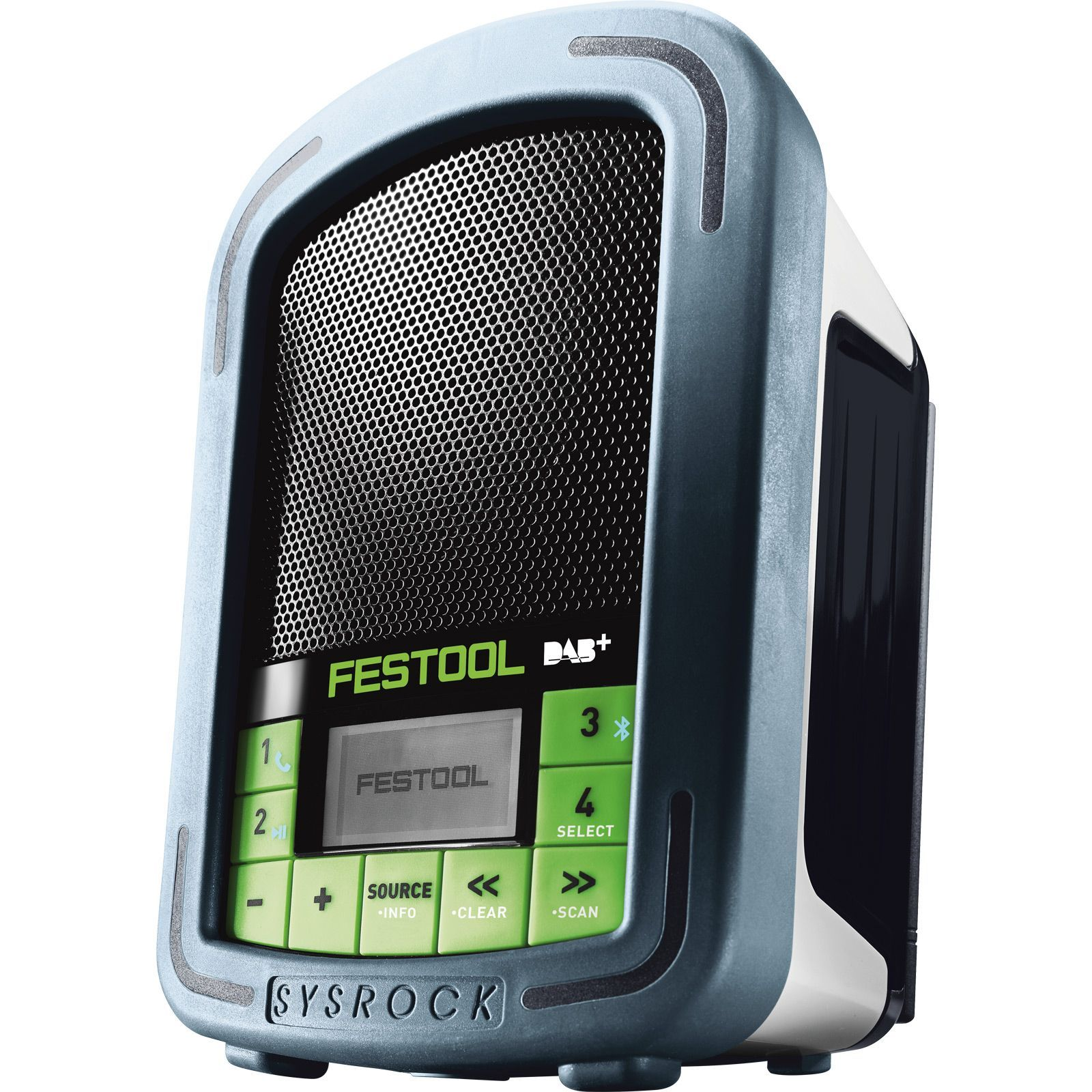 Una radio Festool Sysrock DAB+. È grigia e nera con pulsanti verdi. Lo schermo mostra il logo Festool.