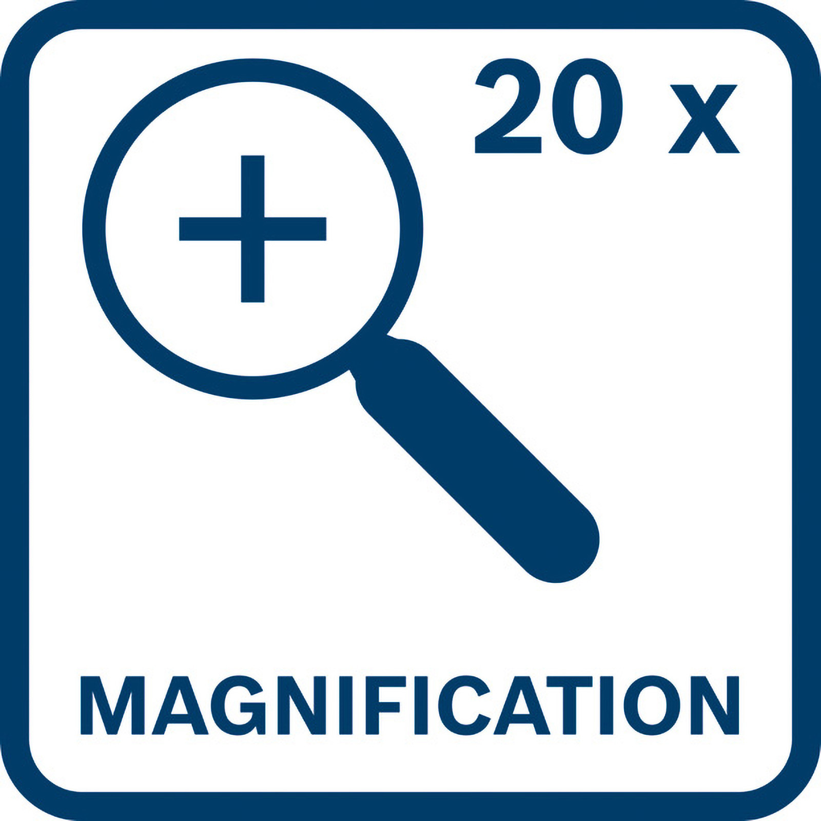 A navy blue and white icon showing a magnifying glass with a plus sign inside and the text '20 x MAGNIFICATION'.
