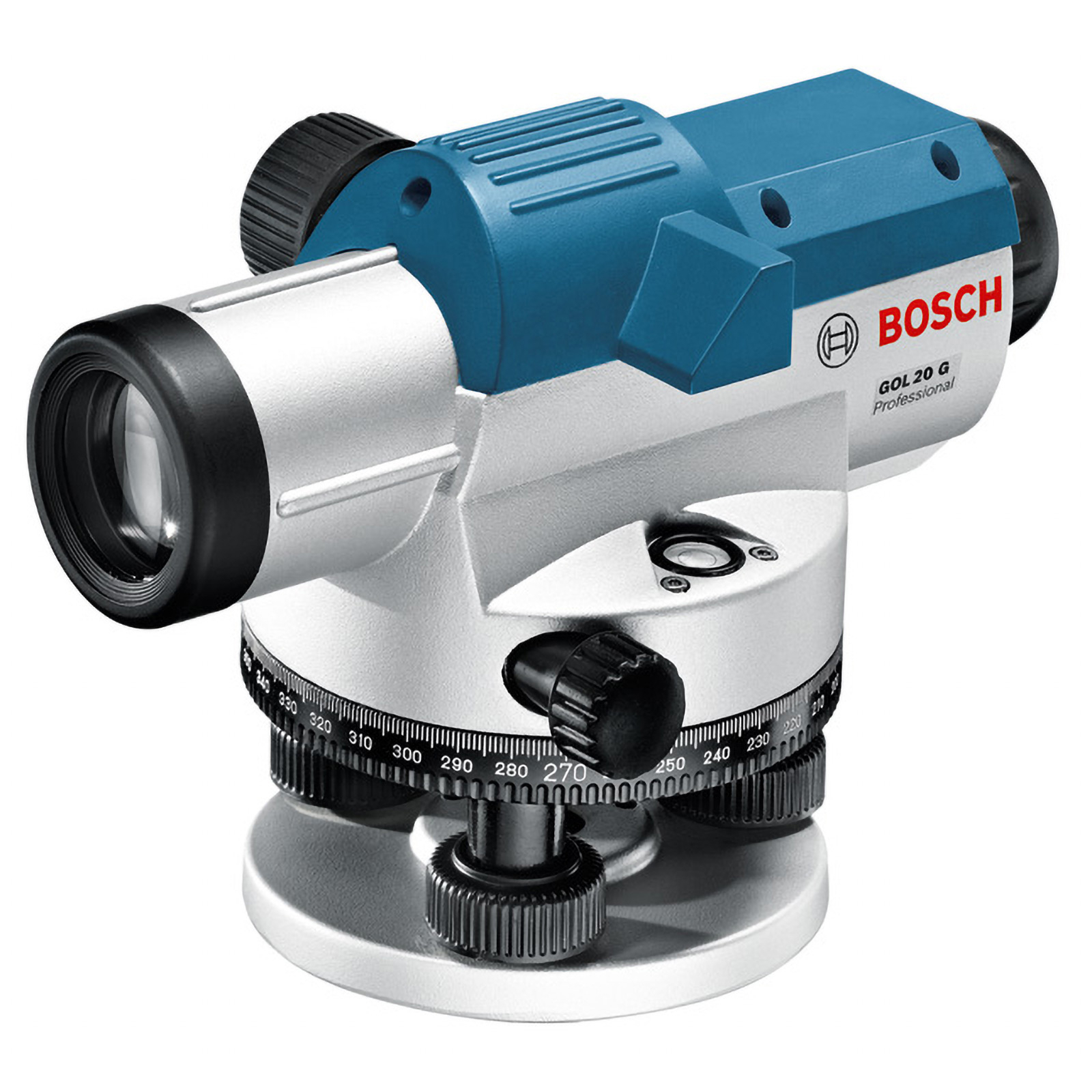 A Bosch GOL 20 G professional level. It's blue and silver, with black dials and a sight. The Bosch logo is visible.